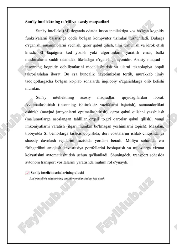 yta ishlash imkoniyatini beradi. nlp sun'iy intellektning keng qamrovli sohasi bo'lib, matnlarni tahlil qilish, tarjima qilish, tushunish va yaratish kabi turli vazifalarni o'z ichiga oladi. nlp usullari matnni ma'lumotga aylantirish uchun tilshunoslik, kompyuter fanlari va mashinani o'rganish usullaridan foydalanadi. ushbu sohada keng qo'llaniladigan vazifalardan biri – matn tahlili, bunda matnning hissiyotini (positive, negative, neutral) aniqlash maqsad qilinadi. masalan, mijozlarning fikr-mulohazalarini tahlil qilish orqali mahsulot yoki xizmatning sifatini baholash mumkin. boshqa muhim vazifalarga avtomatik tarjima, so'roqlarga javob berish (question answering), matnni xulosalash (text summarization) va dialog tizimlari (chatbots) kiradi. avtomatik tarjima ko'p tilli aloqani osonlashtiradi, so'roqlarga javob berish tizimlari ma'lumotlarni tezda topish imkoniyatini beradi, matnni xulosalash esa katta hajmdagi matnlarni qisqartirishga yordam beradi. chatbotlar esa mijozlarga xizmat ko'rsatish, savollarga javob berish va boshqa vazifalarni avtomatlashtirish uchun ishlatiladi. nlp algoritmlari, odatda, katta hajmdagi matn ma'lumotlarida o'rgatiladi va neyron tarmoqlardan foydalanish so'nggi yillarda katta yutuqlarga olib keldi. misol uchun, bert, gpt kabi modellar …
