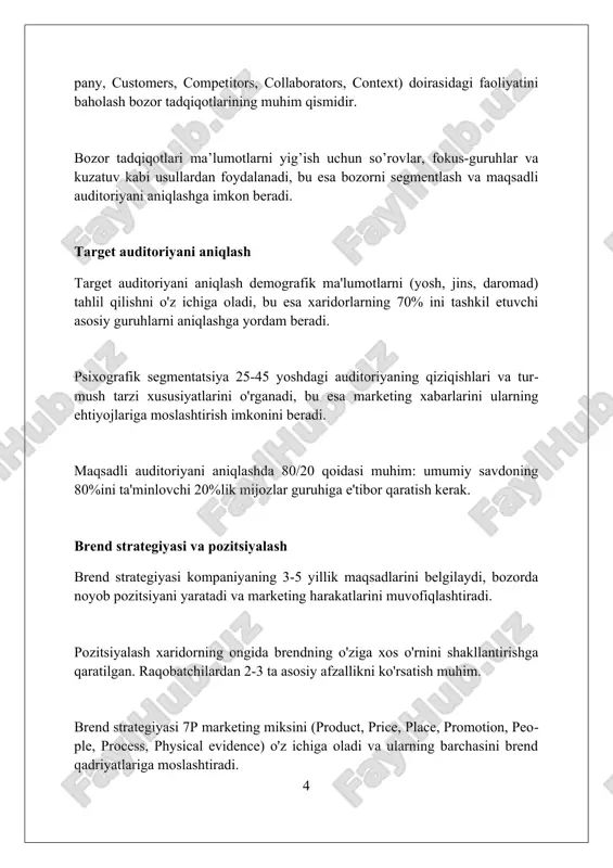 arga ko'ra guruhlarga ajratish, o'rtacha ochiqlik darajasini 14,3% ga va ctr (bosish darajasi) ni sezilarli darajada oshirishi mumkin. a/b sinovlarida elektron pochta mavzu satri, sarlavhalar, cta (harakatga chaqiruv) tugmalari va elektron pochta dizaynini doimiy ravishda optimallashtirish konversiya darajasini 20% dan 30% gacha ko'tarishi mumkin. marketing byudjetini rejalashtirish marketing budjetini rejalashtirishda, maqsadli auditoriyani aniqlash orqali xarajatlarni optimallashtirish va roi (investitsiya qaytarilishi) ko'rsatkichini oshirish muhim. byudjet tuzishda '70-20-10' qoidasidan foydalanish mumkin: 70% isbotlangan strategiyalarga, 20% yangi usullarga, 10% esa tadqiqot va rivojlanishga ajratiladi. marketing budjetini rejalashtirishda, raqobatchilarning xarajatlarini tahlil qilish va ularning samaradorligini o'rganish orqali o'z strategiyangizni yaxshilashingiz mumkin. marketing metrikalari va tahlil konversiya tezligi (cr) - bu muhim metrika bo'lib, veb-saytga tashrif buyuruvchilarning necha foizi maqsadga erishganini ko'rsatadi, masalan, 5% cr har 100 tashrifdan 5 tasi xarid qilganini anglatadi. xaridorning umrbod qiymati (cltv) xaridordan olinadigan umumiy daromadni o'lchaydi; cltv 1000 aqsh dollari va xarajatlar 500 aqsh dollari bo'lsa, foyda 500 aqsh …