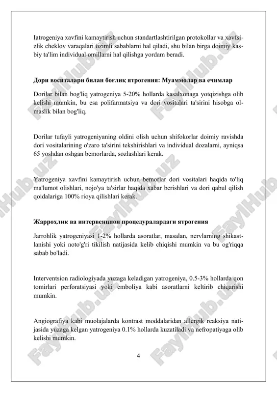 n kelib chiqadigan yatrogeniya xavfini 2-3 barobar oshiradi. yatrogeniyani kamaytirish strategiyalari kompyuterlashtirilgan dori vositalari buyurtma tizimlari xatolarni 55% gacha kamaytiradi, bu esa noto'g'ri dorilar buyurish natijasida kelib chiqadigan yatrogeniyani kamaytiradi. davolash qarorlarini qabul qilishda bemorlarni faol ishtirok ettirish, yomon natijalar xavfini 30% ga kamaytiradi, ayniqsa, surunkali kasalliklarda. olti sigma sifat nazorati usullarini qo'llash jarrohlik asoratlari va kasalxonada o'tkazilgan kunlarni 20% ga kamaytirishi mumkin, shu bilan yatrogen ta'sirlarni kamaytiradi. bemorning roli va qaror qabul qilishda ishtiroki bemorning faol roli, 1990-yillardan boshlab, davolash strategiyasini tanlashda 50% ishtirok etishi, muvaffaqiyat ehtimolini oshiradi. 2023-yilgi tadqiqot shuni ko'rsatadiki, bemorning qaror qabul qilishdagi 80% ishtiroki, dori vositalarining yon ta'sirlarini 35% kamaytiradi. bemorning davolanish jarayonidagi 65% mas'uliyati, sog'ayish tezligini 2 barobar oshiradi, ayniqsa surunkali kasalliklarda. tibbiyot xodimlarini o'qitish va xabardorlikni oshirish tibbiyot xodimlari uchun muntazam 2 soatlik iatrogeniya bo'yicha o'quv dasturlarini joriy etish, salbiy oqibatlar xavfini 15% ga kamaytirishi mumkin. tibbiyot muassasalarida iatrogeniya holatlarini monitoring qilish va …