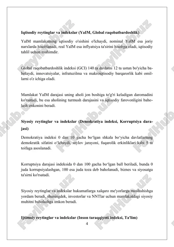 qulay vositani taqdim etadi, bu esa siyosiy qarorlarni tezlashtiradi. iqtisodiy erkinlik indekslari investitsiya siyosatini shakllantirishda muhim rol o'ynaydi; yuqori reytinglar to'g'ridan-to'g'ri xorijiy investitsiyalarni (txi) jalb qiladi. korrupsiyani idrok etish indeksi (cpi) davlatning xalqaro obro'siga ta'sir qiladi, bu esa siyosatchilarni islohotlarga undab, imijni yaxshilashga qaratadi. misollar: muvaffaqiyatli o'zgarishlar va noaniqliklar singapur o'z ta'lim tizimini 1965-yildan keyin global darajaga ko'tardi, ustozlarni tayyorlash va stem fanlariga e'tibor qaratdi, lekin ijtimoiy tengsizlik muammolari saqlanib qoldi. finlandiya 1970-yillarda muvaffaqiyatli ta'lim islohotlarini amalga oshirdi, baholashga emas, o'qituvchilarga ishonchga asoslangan model yaratdi, lekin bu model hozirda o'zgarishlarga duch kelmoqda. janubiy koreya qisqa vaqt ichida iqtisodiyoti va ta'lim tizimini rivojlantirdi, lekin talabalar yuqori bosim va raqobat tufayli stressga duchor bo'lishmoqda, bu noaniqliklarni keltirib chiqarmoqda. o'zbekiston uchun reytinglar va indekslarning ahamiyati o'zbekiston uchun reytinglar investitsiya muhitini yaxshilashga yordam beradi, xususan, 2023-yilda investitsiyalar hajmini oshirish maqsadida qulay sharoitlar yaratish muhim. indekslar o'zbekistonning iqtisodiy o'sishini baholashda muhim rol o'ynaydi; jahon banki …