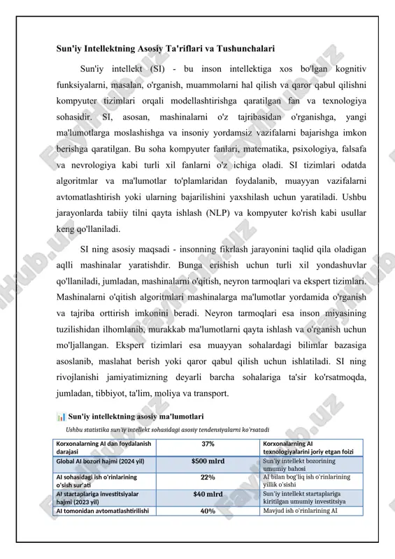 rining yillik o'sishi ai startaplariga investitsiyalar hajmi (2023 yil) $40 mlrd sun'iy intellekt startaplariga kiritilgan umumiy investitsiya ai tomonidan avtomatlashtirilishi mumkin bo'lgan ish o'rinlarining ulushi 40% mavjud ish o'rinlarining ai texnologiyalari orqali avtomatlashtirilishi mumkin bo'lgan qismi sun'iy intellektning asosiy turlari: keng qamrovli tasnif sun'iy intellektni turli xil mezonlar bo'yicha tasniflash mumkin. eng keng tarqalgan tasniflash usullaridan biri - bu si ning qobiliyat darajasi bo'yicha tasniflashdir. ushbu tasniflash bo'yicha si uch turga bo'linadi: tor si (ani - artificial narrow intelligence), umumiy si (agi - artificial general intelligence) va o'ta si (asi - artificial superintelligence). tor si - bu muayyan vazifalarni bajarish uchun mo'ljallangan si ning eng keng tarqalgan turi. ushbu turga misol qilib, shaxmat o'ynash dasturlari, nutqni tanish tizimlari va mahsulot tavsiya qiluvchi algoritmlarni keltirish mumkin. tor si tizimlari faqat o'zlari uchun mo'ljallangan vazifalarni yuqori darajada bajara oladi, lekin boshqa vazifalarni bajara olmaydi. umumiy si - bu insonning intellektiga teng bo'lgan …