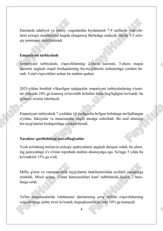 iya bilan bog'liq muammolar texnologiyaning haddan tashqari ko'pligi diqqatni jamlash qobiliyatini pasaytiradi, o'quvchilarning 8 sekunddan kam e'tibor qaratish davri, chuqur fikrlashga to'sqinlik qiladi. ijtimoiy tarmoqlar va onlayn o'yinlar odamlarning real hayot bilan aloqalarini susaytiradi, empatiya darajasini pasaytirib, 70% gacha cyberbulling holatlariga sabab bo'ladi. algoritmlar axborotni filtrlash orqali 'filter bubble' hosil qiladi, bu esa turli xil fikrlarga bo'lgan murosasizlikni kuchaytirib, 25% gacha siyosiy qutblanishga olib keladi. baholashdagi qiyinchiliklar axloqiy ta'limda aniq, o'lchovli natijalarning yo'qligi baholashni qiyinlashtiradi; sub'ektiv fikrlar, masalan, "xushmuomalalik"ni baholashda noaniqlik yaratadi. standartlashtirilgan testlarning axloqiy nuqtai nazarlarni to'liq qamrab olmasligi muammo tug'diradi; axloqiy rivojlanishni faqat qisman ko'rsatuvchi natijalar olinadi. baholash mezonlarining o'zgaruvchanligi va madaniy farqlarning hisobga olinmasligi adolatli baholashga to'sqinlik qiladi, xolislikka putur yetkazadi. kelajakdagi yo'nalishlar axloqiy ta'limda raqamli texnologiyalarni (masalan, vr, ar) integratsiyalash, 2030 yilgacha simulyatsiyalar va interaktiv senariylar orqali empatiyani rivojlantirishga qaratiladi. 2025-yildan boshlab, axloqiy ta'lim dasturlari global fuqarolik masalalari, barqaror rivojlanish maqsadlari va madaniyatlararo tushunishni ta'kidlaydi, 20%ga …