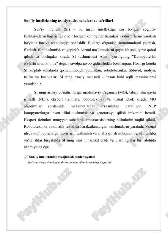 nini bosishi va jamiyatimizni tubdan o'zgartirishi mumkin. ba'zi tadqiqotchilar, kuchli ai yaratishga qaratilgan tadqiqotlar xavfli bo'lishi mumkinligini aytishadi, chunki uning nazoratdan chiqishi mumkinligi haqida xavotirlar mavjud. sun'iy intellektning asosiy usullari: mashinalarni o'qitish va chuqur o'rganish sun'iy intellektning asosiy usullaridan biri - mashinalarni o'qitish (machine learning). mashinalarni o'qitish algoritmlarga ma'lumotlar asosida o'rganish va takomillashish imkonini beradi. ular dasturlashtirilgan qoidalarga asoslanmasdan, ma'lumotlardan naqshlarni aniqlaydi va kelajakni bashorat qilish yoki qaror qabul qilish uchun foydalanadi. mashinalarni o'qitishning bir nechta turlari mavjud, jumladan, nazorat ostida o'qitish (supervised learning), nazoratsiz o'qitish (unsupervised learning) va kuchaytirilgan o'qitish (reinforcement learning). har bir usul o'zining afzalliklari va kamchiliklariga ega va ma'lum bir vazifalarga mos keladi. masalan, nazorat ostida o'qitish klassifikatsiya va regressiya vazifalari uchun yaxshi, nazoratsiz o'qitish esa ma'lumotlardagi yashirin tuzilmalarni aniqlash uchun foydalidir. chuqur o'rganish (deep learning) mashinalarni o'qitishning bir turi bo'lib, ko'p qatlamli neyron tarmoqlaridan foydalanadi. ushbu tarmoqlar inson miyasining tuzilishidan ilhomlangan va katta hajmdagi ma'lumotlarni …