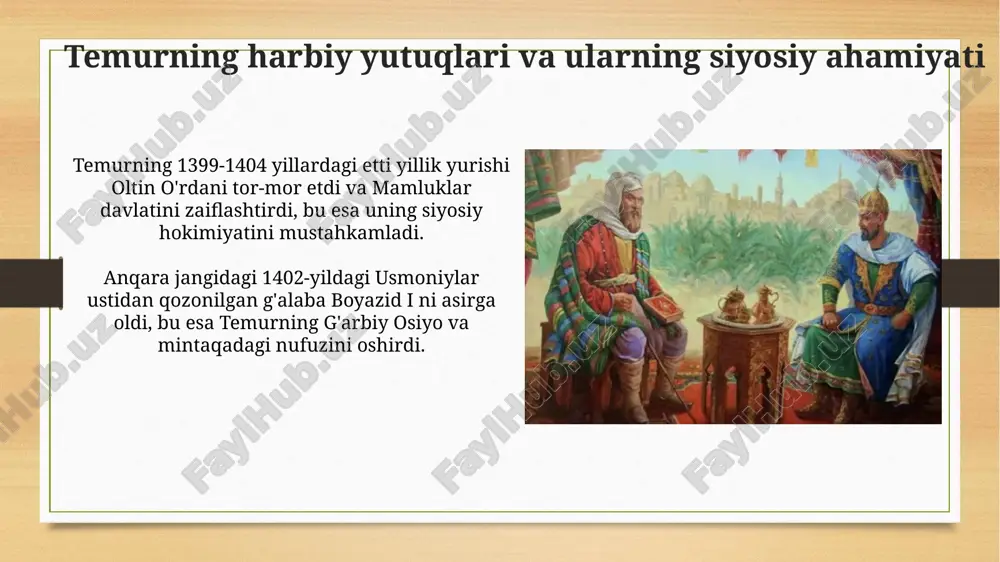 r temurning diplomatik mahorati, ayniqsa yevropa davlatlari bilan o'rnatgan savdo aloqalari, o'zbekistonning xalqaro maydondagi 2030-yilgacha mo'ljallangan iqtisodiy integratsiya strategiyasida namuna bo'la oladi. xulosa: amir temurning davlat arbobi sifatidagi bahosi amir temurning "temur tuzuklari"dagi adolat tamoyillari, 30 yillik hukmronligi davrida, markazlashgan davlat qurishda muhim rol o'ynadi. uning ipak yo'lini tiklashi, xv asrda savdo-sotiqni rivojlantirib, movarounnahrning iqtisodiy yuksalishiga 15 % hissa qo'shgan muhim omil bo'ldi. savol-javoblar "savol-javoblar" amir temurning davlat boshqaruvi tizimida muhim rol o'ynagan, bunda har bir savolga aniq va asosli javoblar talab etilgan. "savol-javoblar" orqali amir temur viloyat hokimlarining faoliyatini nazorat qilgan, ularning 12 ta asosiy masalalar bo'yicha hisobotlarini tekshirgan. e'tiboringiz uchun rahmat image7.png image8.jpg image9.jpg image10.jpg image11.jpg image12.jpg image13.jpg image14.jpg image15.jpg image16.jpg image17.jpg image18.jpg image19.jpg image20.jpg image3.png image4.png