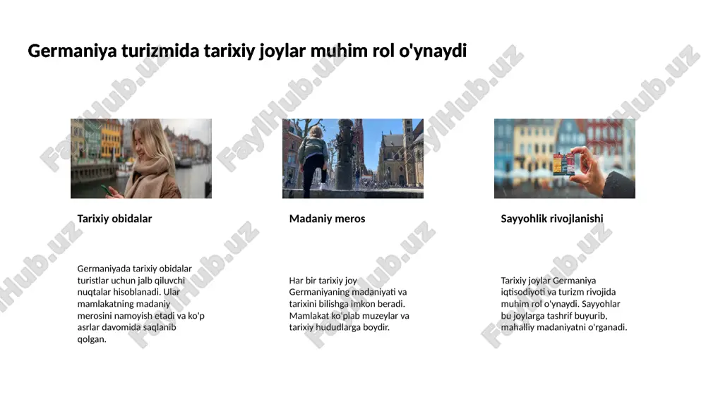 ovatsiyalarni qo'llab-quvvatlaydi ekologik innovatsiyalar germaniya ekologik innovatsiyalarni qo'llab-quvvatlaydi, bu esa sayyohlikda barqarorlikni ta'minlashga yordam beradi. ekologik mas'uliyat sayyohlar o'rtasida juda ommalashmoqda. germaniya sayyohlik sohasida innovatsiyalarni qo'llab-quvvatlaydi yangi tajribalar germaniya turli madaniyatlar va an'analarga asoslanib yangi sayyohlik tajribalarini taklif etadi. bu sayyohlar uchun qiziqarli va unutilmas lahzalarni yaratadi. germaniya sayyohlik sohasida innovatsiyalarni qo'llab-quvvatlaydi hamkorlik va investitsiyalar germaniya turizm sohasida innovatsiyalarni rivojlantirish uchun xususiy va davlat sektori o'rtasida hamkorlikni kuchaytiradi. bu strategiya yangi investitsiyalarni jalb qiladi. 9 germaniyada mehmonxona xizmatlari yuqori sifatli hisoblanadi germaniyada mehmonxona turlari germaniya turli xil mehmonxonalar bilan boy bo'lib, ularning har biri maxsus xizmatlar va qulayliklarni taqdim etadi. yozgi dam olish joylaridan tortib shahar markazidagi zamonaviy mehmonxonalargacha, har kimning talablari uchun yo'naltirilgan xizmatlar mavjud. germaniyada mehmonxona xizmatlari yuqori sifatli hisoblanadi xizmatlar darajasi germaniyada mehmonxonalarning xizmatlari xalqaro standartlarga muvofiq yuqori sifatda taqdim etiladi. xodimlar doimo mehmonlarni kutib olishga tayyor va xizmat ko'rsatishda juda malakali. germaniyada mehmonxona xizmatlari yuqori sifatli …
