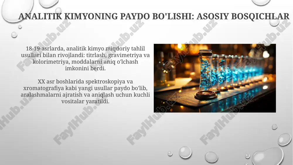 aniqlashda keng qo'llanilmoqda. genomika va proteomika sohalarida analitik usullar orqali yuqori o'tkazuvchanlikdagi skrining (hts) va ma'lumotlarni tahlil qilish amaliyoti rivojlanmoqda. xulosa xulosa analitik kimyo fanining rivojlanish tendensiyalari, 19-asr oxiridan 21-asrgacha bo'lgan asosiy yutuqlari va kelajakdagi istiqbollari haqida qisqacha ma'lumot beradi. xulosa, analitik usullarning aniqligi (0.1% dan kam xatolik) va sezgirligi (10^-15 mol/l gacha detektlash limiti) oshishiga qanday erishilganini ko'rsatib beradi. e'tiboringiz uchun rahmat image2.png image5.jpg image6.jpg image7.jpg image8.jpg image9.jpg image10.jpg image11.jpg image12.jpg image13.jpg image14.jpg image15.jpg image16.jpg image17.jpg image18.jpg image19.jpg image20.jpg image21.jpg image3.png