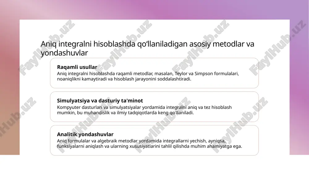 erokosmik, muhandislik va biologiya sohalarida murakkab muammolarni aniq va samarali yechim topish mumkin. aniq integral va nyuton-leybnits formulalari iqtisodiyot, energetika va ekologiya kabi sohalarda resurslarni boshqarish va muvozanatni saqlashda asosiy asos bo‘ladi. xulosa aniqlik va hisoblash usullarining ahamiyati aniq integral va hisoblash usullari ilmiy va amaliy sohalarda muhim rol o'ynaydi, ular yordamida murakkab muammolarni aniq va samarali hal qilish mumkin. nyuton-leybnits formulasi va roli bu formulalar integralni hisoblashda asosiy vosita bo'lib, funksiyaning hosilasi bilan bog‘liq bo‘lib, hisoblash jarayonlarini soddalashtiradi va tezlashtiradi. amaliyotda integrallar va formulalar real hayotdagi muammolarni yechishda aniq integral va newton-leybnits formulalarining qo‘llanilishi keng bo‘lib, fizikadan muhandislik va iqtisodiyotga qadar ta’sir ko‘rsatadi. foydalanilgan adabiyotlar 1. islomov, m. a. (2018). aniq integral va uning hisoblash usullari. toshkent davlat pedagogika universiteti nashriyoti. 2. qodirov, s. (2020). nyuton-leybnits formulasi va uning amaliy qo'llanilishi. o'zbekiston matematika jurnali, 15(2), 45-53. 3. kurbanov, a. (2019). aniq integralning ilmiy va amaliy qo'llanmalari. toshkent: fan va …