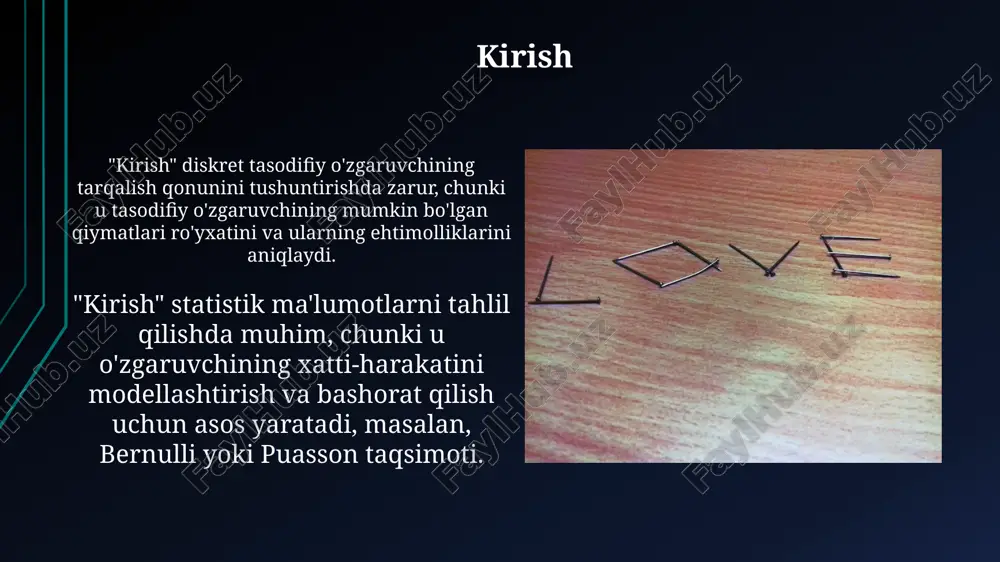 kret tasodifiy oʻzgaruvchining taqsimot qonuni amaliyotda probability mass function (pmf) qiymatlari yigʻindisi 1 ga teng ekanligini tasdiqlash orqali tekshiriladi, bu muhim nazorat nuqtasidir. bernulli taqsimoti yoki puasson taqsimoti kabi ma'lum diskret taqsimotlar uchun, olingan empirik ma'lumotlar nazariy kutilgan qiymatlar bilan mos kelishi xulosada ta'kidlanadi. e'tiboringiz uchun rahmat image1.png image2.jpg image3.jpg image4.jpg image5.jpg image6.jpg image7.jpg image8.jpg image9.jpg image10.jpg image11.jpg image12.jpg image13.jpg image14.jpg image15.jpg image16.jpg