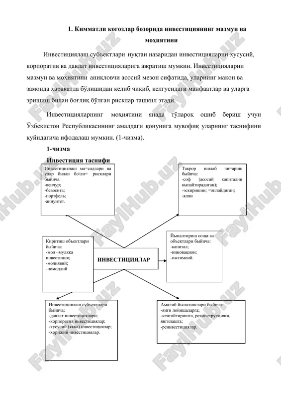 anishni nazarda tutadi, investitsiyalar esa nisbatan uzoq davom etadigan vaqt mobaynida qo'yilgan kapital o'z egasiga qaytishiga qadar mablag'lar oqimini ta'minlash maqsadlarida ularni bog'lashni bildiradi. ikkinchidan, kreditlashda kelishuv tashabbuskori, odatda, qarzdor hisoblanadi, investitsiyalashda esa tashabbus investordan chiqadi. uchinchidan, kredit moliyalashtirishning manbalaridan biri hisoblanadi va kreditga mos bo'lgan risklar majmuasi investitsiyalar risklari majmuasining bir qismini tashkil qiladi. ta'kidlash joizki, investitsiyalar muayyan vaqt davomida aniq jaraѐnlarga ongli ravishda bog'lanib, risklar tarkibining kengligi bilan ajralib turadi, chunki investitsiyalarni moliyalashtirishda kreditdan tashqarii boshqa manbalar ham qatnashishi mumkin. investitsiya kapitalini moliyalashtirish manbalarining turlicha nisbatlariga qarab risklar kengligi va majmui ham har xil bo'ladi. bank investitsiyalariga bank, kredit, bozor, foiz va boshqa risklar xos bo'lsa, investitsiyalarda risklar doirasi kengligi ancha yuqori bo'lishi mumkin. to'rtinchidan, kredit kelishuvlarida kreditor yagona, investitsiya jaraѐnida esa, qoida tarzida, kreditor turli moliyalashtiruvchilar tarkibida ulardan biri hisoblanadi. kredit o'z negiziga ko'ra qaytarishlik munosabatlariga ega, investitsiyalar esa taqsimot va takror ishlab chiqarish munosabatlariga asoslanadi va …