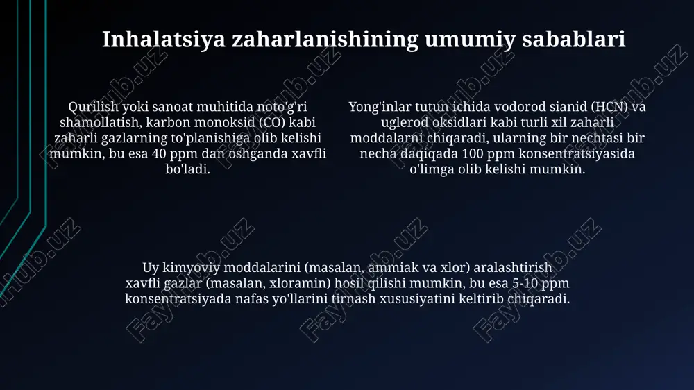 amga murojaat qilish zaharlanish manbasini aniqlashga harakat qiling va u haqida tez yordam xodimlariga ma'lumot bering, masalan, kimyoviy moddaning nomi yoki gazning turi. tez yordamga 103 raqami orqali qo'ng'iroq qilish, zaharlanish holati og'irligini va bemorning ahvolini aniq bayon etib, shifokor maslahatini oling. tez yordam brigadasi kelguniga qadar, jabrlanuvchini toza havoga olib chiqing va nafas yo'llarini oching, bunda qulay holatni ta'minlang hamda cprga tayyor turing. profilaktika va xavfsizlik bo'yicha maslahatlar toksik moddalar bilan zaharlanishning oldini olish uchun gaz detektorlarini o'rnating va ularni har 6 oyda kalibrlang, ayniqsa 100 ppm dan ortiq metan konsentratsiyasi bo'lishi mumkin bo'lgan joylarda. xavfli moddalar bilan ishlashda shaxsiy himoya vositalaridan (shv) foydalanish muhim, masalan, niosh tomonidan tasdiqlangan respiratorlar, qo'lqoplar va ko'zoynaklar, xavfsizlikni ta'minlash uchun. ish joyida yaxshi shamollatish tizimini ta'minlang, ayniqsa uglerod oksidi kabi xavfli gazlar yig'ilishi mumkin bo'lgan yopiq joylarda, havoning almashinuvi daqiqasiga 5-10 marta bo'lishi kerak. e'tiboringiz uchun rahmat