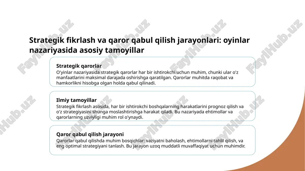 va hamkorlik siyosatda raqobat va hamkorlik o'yinlari davlatlar va tashkilotlar o'rtasida strategik qarorlar qabul qilishda muhim rol o'ynaydi. nash muvozanati bu jarayonlarning barqarorligini ta'minlaydi. strategik qarorlar siyosiy o'yinlarda tomonlar o'z manfaatlarini maksimal darajada himoya qilish uchun strategiyalar ishlab chiqadilar. nash muvozanati bilan bu strategiyalar muvofiqlashadi. muvozanatning ahmiyati nash muvozanati raqobat va hamkorlik muhitida barqarorlikni ta'minlaydi, ziddiyatlarni kamaytiradi va barqaror rivojlanishga yordam beradi. iqtisodiy va siyosiy roli nash muvozanati siyosiy va iqtisodiy qarorlarni optimal qilishda yordam beradi, davlatlar va tashkilotlar uchun strategik yondashuvni rivojlantiradi. ijtimoiy sohalarda o'yinlar nazariyasining amaliy qarorlar va rivojlanish dasturlari 1 ijtimoiy muhitlarda strategiyalar o'yinlar nazariyasi ijtimoiy muhitlarda qarorlar qabul qilishda muhim rol o'ynaydi, bu orqali insonlar va guruhlarning harakatlarini tushunish mumkin. 2 hamkorlik va raqobat ijtimoiy sohalarda, hamkorlik yoki raqobat strategiyalari bilan muvozanatni topish, muhim qarorlarni samarali qilishda yordam beradi. 3 rivojlanish dasturlari o'yinlar nazariyasi asosida ishlab chiqilgan rivojlanish dasturlari, jamiyatlar va tashkilotlarning uzoq muddatli muvaffaqiyatini ta'minlaydi. …
