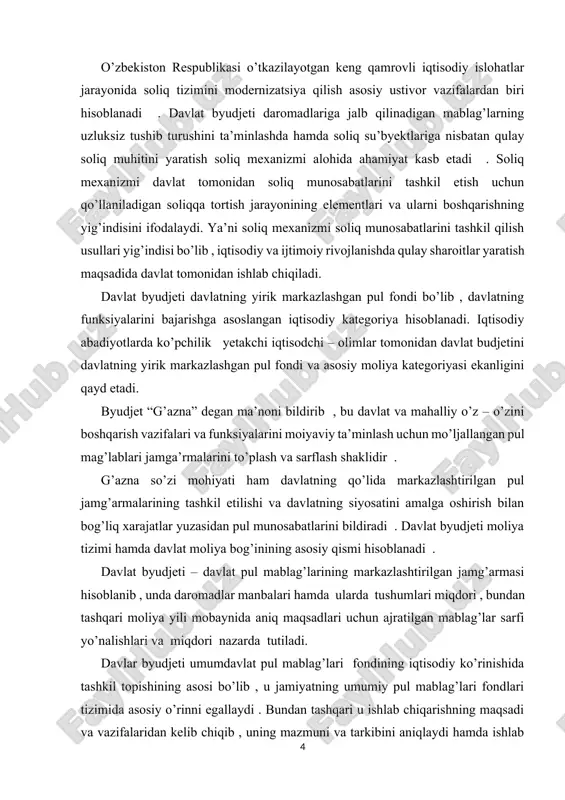 hga zamin yaratadi, shuning uchun davlat byudjetining mohiyati – bozor iqtisodiyotidagi iqtisodiy qonunlar , davlatning tabiati bilan belgilanadi . byudjet iqtisodiy kategoriya sifatida ishlab chiqarish munosabatlarining ijtimoiy ishlab chiqarish jarayonida faol ta’sir ko’rsatadigan tomonlarini o’zida mujassam etadi . davlat o’z vazifalarini bajarish jarayonida bir qator xarajatlar qilishi zarur . bu xarajatlar eng avvalo mamlakat iqtisodiyotini rivojlantirish uchun turli sohalarga investitsiya qilish uchun mo’ljallangan , aholininng yashash darajasini yaxshilashga va ijtimoiy vazifalarni bajarishga qaratilgan , davlatning boshqarish , mudofaani ta’minlash kabi aniq maqsadlarga yo’naltirilgan rejalashtirilgan xarajatlardan iborat bo’ladi. bu xarajatlar budjet orqali moliyalashtiriladi. unitar davlat byudjeti ikki bo’g’indan iborat ekan bu qatorga o’zbekiston ham kiradi, shundey ekan ular quyigilarga bo’linadi: 1. respublika budjeti 2. mahalliy budjetlar o’zbekistonning davlat hokimiyati idoralari: viloyatlar, shaharlar va tumanlar bilan o’zaro munosabatlarni yangicha iqtisodiy asoslarda qayta tashkil etildi. respublikamiz o’z daromadlarini mustaqil tasarruf etadigan va o’z xarajatlarini to’la – to’kis o’zi moliyalashtiradigan bo’ldi. bularning hammasi davlatning …
