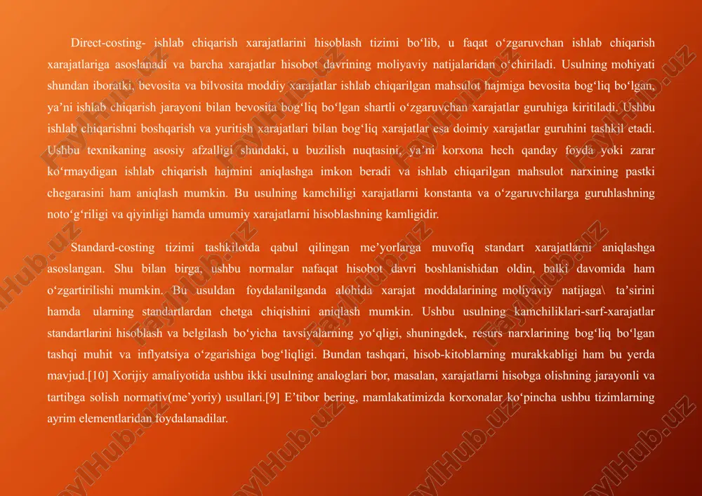 or bering, mamlakatimizda korxonalar koʻpincha ushbu tizimlarning ayrim elementlaridan foydalanadilar. korxonani barqaror rivojlantirish konsepsiyasi doirasida optimallashtirish tamoyillaridan biri hisoblanadi. shunday qilib, ushbu prinsipga mos keladigan xarajatlarni hisobga olish va xarajatlarni hisoblash usullarini aniqlash kerak xarajatlarni optimallashtirish bo’yicha doimiy xarajatlarni qo’llab quvvatlaydigan usullar majmuasi xarajatlarni optimallashtirish boʻyicha doimiy harakatlarni qoʻllabquvvatlaydigan eng yangi hisob-kitob tizimlari orasida abc usuli (funktsiyalar boʻyicha xarajatlarni hisobga olish), target-kosting, kaizen-kosting, benchmarking kiradi. abc usulining mohiyati iqtisodiy faoliyatni turli funksiyalarga boʻlishdir, uni amalga oshirish uchun resurslar kerak, ular uchun sarflangan xarajatlar majmui bilan tavsiflanadi. k. druri abc - usulini funktsional xarajatlarni taqsimlash tizimi sifatida tavsiflanadi [1]. bu usuldan foydalanilganda funksiya (operatsiya) tannarx hisobi obyekti, ishlab chiqarilgan mahsulot turi esa kalkulyatsiya obyekti hisoblanadi.[12, 14] usul operatsiya qiymatining indikatorini olish imkonini beradi, bu rejalashtirilgan va haqiqiy hisob-kitobning aniq koʻrsatkichini aniqlashga taʼsir qiladi. ushbu tizim kompaniyaning bilvosita xarajatlarini batafsil, bosqichma-bosqich taqsimlashga qaratilgan, chunki u barcha operatsiyalarni mahsulot turiga qarab tasvirlaydi.[6] bu …