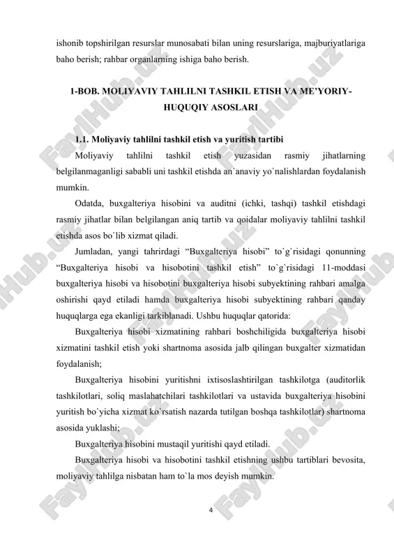 a buxgalteriya hisobi subyektining rahbari qanday huquqlarga ega ekanligi tarkiblanadi. ushbu huquqlar qatorida: buxgalteriya hisobi xizmatining rahbari boshchiligida buxgalteriya hisobi xizmatini tashkil etish yoki shartnoma asosida jalb qilingan buxgalter xizmatidan foydalanish; buxgalteriya hisobini yuritishni ixtisoslashtirilgan tashkilotga (auditorlik tashkilotlari, soliq maslahatchilari tashkilotlari va ustavida buxgalteriya hisobini yuritish bo`yicha xizmat ko`rsatish nazarda tutilgan boshqa tashkilotlar) shartnoma asosida yuklashi; buxgalteriya hisobini mustaqil yuritishi qayd etiladi. buxgalteriya hisobi va hisobotini tashkil etishning ushbu tartiblari bevosita, moliyaviy tahlilga nisbatan ham to`la mos deyish mumkin. 5 tahlilni tashkil etish shakli sifatida ichki moliyaviy tahlilni tashkil etilishi va tashqi moliyaviy tahlilni tashkil etilishini tarkiblash maqsadga muvofiqdir. tashqi moliyaviy tahlil cheklangan axborotlarni aks ettiruvchi moliyaviy hisobot shakllari asosida xo`jalik yurituvchi subyektlarning moliyaviy holatini o`rganishni xarakterlaydi va korxona erishgan natijalarining barcha sirlarini ochib berish imkonini bermaydi. ushbu tahlil ichki axborot bazasidan foydalanish imkoniga ega bo`lmagan, korxona faoliyati bilan qiziquvchi kontragentlar, mulk egalari yoki davlat organlari tomonidan amalga oshiriladi. tashqi …