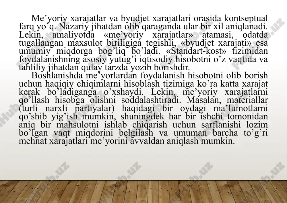 ’lum bir aniqlangan to’g’ri materiallar uchun xarajat bahosining mukammal miqdorini ifodalaydi. sotib olish agenti barcha to ’g’ri materiallarning me’yoriy baholarini o’rnatish uchun javobgar. u me’yoriy bahoni aniqlashda baholarning barcha mumkin bo’lgan oshishini, materiallar bozoridagi miqdoriy o’zgarishlarini hisobga olishi hamda materiallarni yetkazishning yangi manbalari va boshqalarni e’tiborga olishi kerak. shuningdek, u barcha amaliy sotib olishlarni bajarishi va baholar farqi natijasida bo ’ladigan materiallar sarfi uchun mas’uliyatni o’z zimmasiga olishi lozim. 6 materiallar sarfining me’yoriy miqdori - bu bir dona mahsulotni ishlab chiqarish uchun ishlatilishi kerak bo’ladigan materiallar miqdorini oldindan aniqlashdir. bir ko’rinishda unchalik qiyindek ko’rinmasada, uni aniqlash eng murakkab masalalardan hisoblanadi. unga mahsulotlarning muxandislik tafsirlanishi, materiallar sifati, mashina va uskunalarning yoshi va unumdorligi hamda ishchilarning tajribasi va malakasi ta’sir etadi. materiallarning me’yoriy miqdorini aniqlashda ma’lum miqdorda mahsulotning chiqitga chiqishi va yo’qotilishi mumkinligini e’tiborga olish lozim. odatda bu me’yoriy mezonni ishlab chiqarish menejerlari, buxgalter yoki yo’qotishni hisoblovchilar o’rnatadilar va ular tomonidan bu …