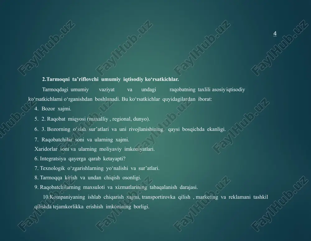 rini ximoya qiladi, to‘siqlar past bo‘lganda esa yangi firmalarning kirib kelishi ularga salbiy ta’sir qiladi tovar xaridorlar uchun qimmat ko‘pchilik xaridorlar tovarni eng past narxlarda sotib oladilar standartlashtirilg an tovarlar xaridorlar bir sotuvchidan boshqa sotuvchiga oson utishlari mumkin texnologiyaning tez uzgarishi texnologiya va asbob-uskunalarga ajratilgan investitsiyalar ularning eskirib qolishi tufayli uzini oqlamay qolishi xavfi kuchayadi. kapitalga qo‘yilgan talablar katta talablar investitsiyalarga oid qarorlarga tanqidiy munosabatda buladi, investitsiyalash momenti muxim bulib boradi, kirish va chiqish tusiqlari kuchayadi. vertikal integratsiya kapitalga qo‘yilgan talablar kuchayib boradi, kupincha raqobatli differensiatsiya xhamda integratsiya darajasi turlicha bulgan 7 firmalar urtasidagi qiymat differensiatsiyasi kuchayadi kulamdan tejash narx buyicha raqobatlashish uchun zarur bulgan bozor xajmlari kattalashadi. tovarning tez yangilanishi tovarning xayot sikli qisqaradi 3. tarmoqdagi raqobat kuchlar va ular ta’sirining darajasi. «garvard» universitetining professori maykl porter tarmoqdagi guruxlagan: raqobatchi kuchlarni quyidagicha tarmoq ichida sotuvchilar o‘rtasidagi raqobat. boshqa tarmoqdagi kompaniyalarning o‘z tovarlari bilan bu tarmoqdagi xaridorlarni egallab olishga xarakat …