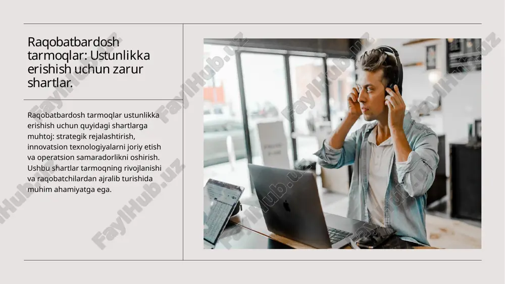 sh uchun strategik, texnologik va operatsion yondashuvlar birgalikda ishlashi muhimdir. har bir jihat o'zaro bog'liqdir. 2 innovatsiyalar va raqobat innovatsion yondashuvlar raqobatbardosh muhitda muhim rol o'ynaydi. ular tarmoq samaradorligini oshirib, raqobatdosh ustunlikni ta'minlaydi. 3 o'zbekistonda tarmoq strategiyalari o'zbekistonda tarmoq ustunligini oshirish uchun maxsus strategiyalar ishlab chiqish zarur. mahalliy sharoitlar va resurslarni hisobga olish muhimdir. image1.jpeg image2.png image3.jpeg image4.jpeg /docprops/thumbnail.jpeg