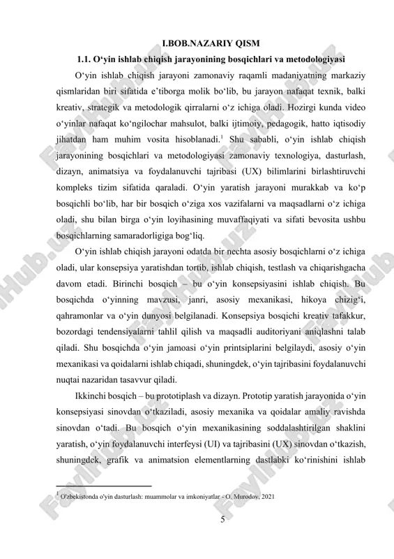 anadi.[footnoteref:1] shu sababli, o‘yin ishlab chiqish jarayonining bosqichlari va metodologiyasi zamonaviy texnologiya, dasturlash, dizayn, animatsiya va foydalanuvchi tajribasi (ux) bilimlarini birlashtiruvchi kompleks tizim sifatida qaraladi. o‘yin yaratish jarayoni murakkab va ko‘p bosqichli bo‘lib, har bir bosqich o‘ziga xos vazifalarni va maqsadlarni o‘z ichiga oladi, shu bilan birga o‘yin loyihasining muvaffaqiyati va sifati bevosita ushbu bosqichlarning samaradorligiga bog‘liq. [1: o'zbekistonda o'yin dasturlash: muammolar va imkoniyatlar - o. murodov, 2021 ] o‘yin ishlab chiqish jarayoni odatda bir nechta asosiy bosqichlarni o‘z ichiga oladi, ular konsepsiya yaratishdan tortib, ishlab chiqish, testlash va chiqarishgacha davom etadi. birinchi bosqich – bu o‘yin konsepsiyasini ishlab chiqish. bu bosqichda o‘yinning mavzusi, janri, asosiy mexanikasi, hikoya chizig‘i, qahramonlar va o‘yin dunyosi belgilanadi. konsepsiya bosqichi kreativ tafakkur, bozordagi tendensiyalarni tahlil qilish va maqsadli auditoriyani aniqlashni talab qiladi. shu bosqichda o‘yin jamoasi o‘yin printsiplarini belgilaydi, asosiy o‘yin mexanikasi va qoidalarni ishlab chiqadi, shuningdek, o‘yin tajribasini foydalanuvchi nuqtai nazaridan tasavvur qiladi. …
