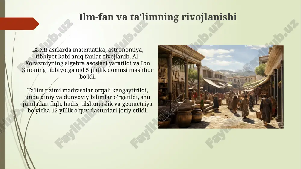 k yo'lini taklif etadi va 12 asosiy tamoyilga amal qilishni targ'ib qiladi. madaniy yuksalishning davlat boshqaruvi va jamiyatga ta'siri ix-xii asrlarda madaniy yuksalish davlat boshqaruvida 10-ga yaqin yangi vazirlik va idoralarning paydo bo'lishiga olib keldi, bu boshqaruv samaradorligini oshirdi. jamiyatda ilmiy bilimlarga qiziqish ortishi natijasida 11-asrda 50 dan ortiq yangi madrasalar ochildi, bu ta'lim darajasini sezilarli ravishda ko'tardi. ix-xii asrlardagi madaniy merosning ahamiyati ix-xii asrlarda matematika, astronomiya kabi aniq fanlar rivoji al-xorazmiyning 'algebra' asari orqali fundamental asos yaratdi. abu rayhon beruniyning mineralogiya, geodeziya va geografiya sohasidagi ishlari ix-xii asrlarda ilmiy tafakkurning universal ahamiyatini ochib berdi. e'tiboringiz uchun rahmat image2.jpg image3.jpg image4.jpg image5.jpg image6.jpg image7.jpg image8.jpg image9.jpg image10.jpg image11.jpg image12.jpg image13.jpg image14.jpg image15.jpg image16.jpg image17.jpg image18.jpg