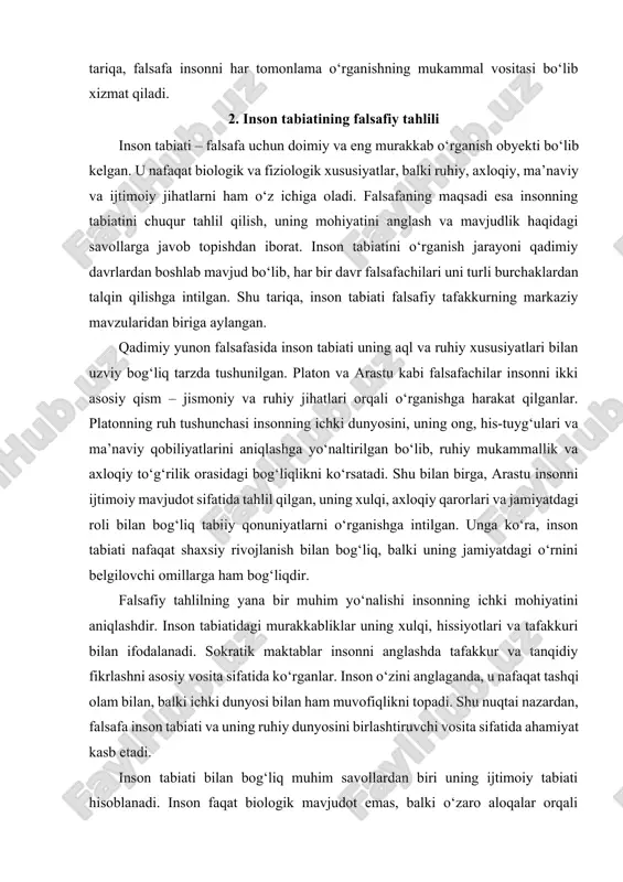 ilgan. unga ko‘ra, inson tabiati nafaqat shaxsiy rivojlanish bilan bog‘liq, balki uning jamiyatdagi o‘rnini belgilovchi omillarga ham bog‘liqdir. falsafiy tahlilning yana bir muhim yo‘nalishi insonning ichki mohiyatini aniqlashdir. inson tabiatidagi murakkabliklar uning xulqi, hissiyotlari va tafakkuri bilan ifodalanadi. sokratik maktablar insonni anglashda tafakkur va tanqidiy fikrlashni asosiy vosita sifatida ko‘rganlar. inson o‘zini anglaganda, u nafaqat tashqi olam bilan, balki ichki dunyosi bilan ham muvofiqlikni topadi. shu nuqtai nazardan, falsafa inson tabiati va uning ruhiy dunyosini birlashtiruvchi vosita sifatida ahamiyat kasb etadi. inson tabiati bilan bog‘liq muhim savollardan biri uning ijtimoiy tabiati hisoblanadi. inson faqat biologik mavjudot emas, balki o‘zaro aloqalar orqali shakllanuvchi ijtimoiy mavjudotdir. falsafachilar insonning jamiyat bilan o‘zaro munosabatini tahlil qilish orqali uning tabiiy va madaniy xususiyatlarini aniqlashga intilganlar. hegelning fikriga ko‘ra, insonning tabiati uning jamiyatdagi roli va ijtimoiy tajribasi orqali to‘liq ochiladi. shu tariqa, inson tabiatini o‘rganish faqat uning individual jihatlarini emas, balki ijtimoiy muhit bilan o‘zaro aloqasini …