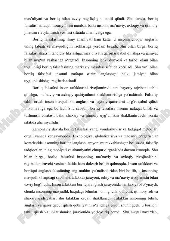 a sifatida ahamiyatlidir. zamonaviy davrda borliq falsafasi yangi yondashuvlar va tadqiqot metodlari orqali yanada kengaymoqda. texnologiya, globalizatsiya va madaniy o‘zgarishlar kontekstida insonning borliqni anglash jarayoni murakkablashgan bo‘lsa-da, falsafiy tadqiqotlar uning mohiyati va ahamiyatini chuqur o‘rganishda davom etmoqda. shu bilan birga, borliq falsafasi insonning ma’naviy va axloqiy rivojlanishini rag‘batlantiruvchi vosita sifatida ham dolzarb bo‘lib qolmoqda. inson tafakkuri va borliqni anglash falsafaning eng muhim yo‘nalishlaridan biri bo‘lib, u insonning mavjudlik haqidagi savollari, tafakkur jarayoni, ruhiy va ma’naviy rivojlanishi bilan uzviy bog‘liqdir. inson tafakkuri borliqni anglash jarayonida markaziy rol o‘ynaydi, chunki insonning mavjudlik haqidagi bilimlari, uning ichki dunyosi, ijtimoiy roli va shaxsiy qadriyatlari shu tafakkur orqali shakllanadi. tafakkur insonning bilish, anglash va qaror qabul qilish qobiliyatini o‘z ichiga oladi, shuningdek, u borliqni tahlil qilish va uni tushunish jarayonida yo‘l-yo‘riq beradi. shu nuqtai nazardan, inson tafakkuri va borliqni anglash bir-biri bilan chambarchas bog‘liq bo‘lib, falsafiy va ilmiy tadqiqotlarning markaziy masalalaridan hisoblanadi. inson tafakkuri tarix …