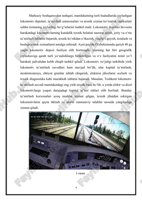 ari olib boriladi. bunday ta’mirlash korxonalari uzoq muddat xizmat qilgan, texnik jihatdan eskirgan lokomotivlarni qayta tiklash va ularni zamonaviy talablar asosida yangilashga xizmat qiladi. 1-rasm boshqaruv tizimi tarkibida shuningdek, texnik xizmat ko‘rsatish punktlari, ya’ni txkplar ham muhim o‘rin egallaydi. ular asosan yirik temir yo‘l stansiyalarida joylashgan bo‘lib, harakatdagi lokomotivlarga qisqa muddatli, tezkor xizmatlar ko‘rsatadi, texnik nosozliklarni bartaraf etadi va profilaktik choralarni amalga oshiradi. bu punktlar lokomotivlar uzoq masofali reyslar davomida to‘xtovsiz ishlashini ta’minlashda muhim ahamiyatga ega. zamonaviy boshqaruv tizimida raqamlashtirish va avtomatlashtirishning o‘rni tobora ortib bormoqda. lokomotivlarning harakatini real vaqt rejimida kuzatish, yoqilg‘i sarfi, texnik holati va mashinistlarning ish yuklamasini nazorat qilish uchun maxsus avtomatlashtirilgan tizimlar – masalan, “askuz” (avtomatlashtirilgan safarlarni kuzatish tizimi), “lotas” (lokomotivlarni texnik analiz qilish tizimi) va boshqa raqamli platformalar joriy etilgan. bu tizimlar orqali lokomotivlarning joylashuvi, ishlash vaqti, texnik xizmatga muhtojlik holati kabi ko‘plab ma’lumotlar markazlashtirilgan serverlarga uzatiladi va boshqaruv markazlari tomonidan tahlil qilinadi. natijada, lokomotivlardan …