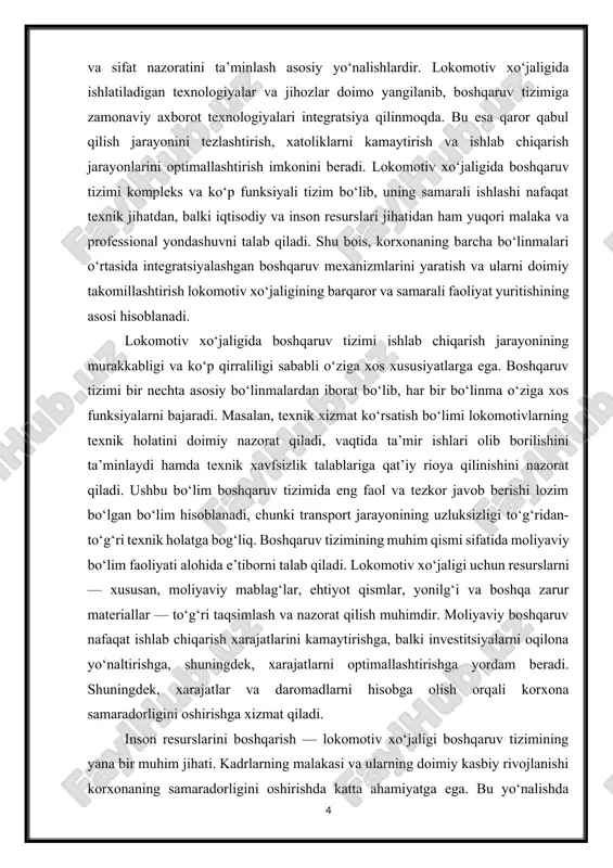 atga ega. bu yo‘nalishda boshqaruv tizimi xodimlarni tanlash, tayyorlash, rag‘batlantirish va motivatsiyalash mexanizmlarini ishlab chiqadi. shuningdek, mehnat xavfsizligi va sog‘lig‘ini ta’minlash bo‘yicha kompleks chora-tadbirlar amalga oshiriladi. xodimlarning ish faoliyatini samarali tashkil etish va ularning ishga bo‘lgan munosabatini yaxshilash uchun yangi boshqaruv uslublari, jumladan, jamoaviy ish, rahbarlik va kommunikatsiya tizimlari joriy etiladi. lokomotiv xo‘jaligidagi boshqaruv tizimining o‘ziga xos jihatlaridan yana biri — rejalashtirish va monitoringning doimiy va tizimli amalga oshirilishidir. boshqaruv jarayonida ishlab chiqarish quvvatlarini samarali taqsimlash, ta’mirlash va texnik xizmat ko‘rsatish ishlarini rejalashtirish, transport vositalarining harakat jadvalini tuzish kabi vazifalar hal qilinadi. bu jarayonlar o‘z vaqtida va aniq bajarilmasa, lokomotivlarning ishlashida kechikishlar yuzaga kelishi, natijada butun transport tizimi faoliyatida muammolar paydo bo‘lishi mumkin. shuning uchun, boshqaruv tizimida axborot texnologiyalari yordamida rejalashtirish va monitoring vositalarini joriy etish katta ahamiyatga ega. zamonaviy boshqaruv tizimida, ayniqsa, lokomotiv xo‘jaligida, avtomatlashtirish va raqamlashtirish jarayonlari katta rol o‘ynaydi. kompyuterlashtirilgan boshqaruv tizimlari, ma’lumotlar bazalari, avtomatik monitoring tizimlari …