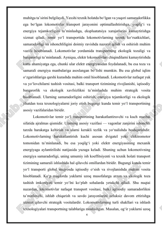 ish koeffitsiyenti va texnik holati transport tizimining samarali ishlashida hal qiluvchi omillardan biridir. bugungi kunda temir yo‘l transporti global miqyosda iqtisodiy o‘sish va rivojlanishda muhim vosita hisoblanadi. ko‘p miqdorda yuklarni uzoq masofalarga arzon va ekologik toza tashish imkoniyati temir yo‘lni ko‘plab sohalarda yetakchi qiladi. shu nuqtai nazardan, lokomotivlar nafaqat transport vositasi, balki iqtisodiy samaradorlikni ta’minlovchi, ishlab chiqarish va savdo jarayonlarini uzluksiz davom ettirishga xizmat qiluvchi strategik vositalardir. lokomotivlarning turli shakllari va ishlash texnologiyalari transportning talablariga moslashgan. masalan, og‘ir yuklarni uzoq masofaga tashish uchun yuqori tortish kuchiga ega dizel yoki elektr lokomotivlari ishlatiladi. yo‘lovchilar tashish uchun esa yuqori tezlikka ega, qulay va ishonchli modellar yaratilgan. shuningdek, har xil lokomotivlar o‘zining energiya manbai va ekspluatatsiya sharoitlariga ko‘ra farqlanadi. dizel lokomotivlar, elektr lokomotivlar va bug‘lokomotivlar har biri o‘z vaqtida temir yo‘l transportining rivojida o‘ziga xos ahamiyatga ega bo‘lgan. hozirgi davrda esa ekologik talablar va energiya tejamkorligi nuqtai nazaridan, elektr lokomotivlar ustunlikka ega bo‘lib …