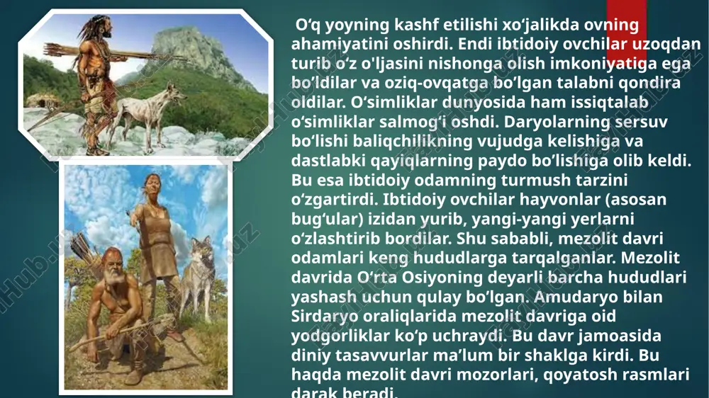 ar o‘rmon va yaylovlarda mevalar, yong‘oqlar, ildizlar va boshqa o‘simlik mahsulotlarini to‘pladilar. bu oziq-ovqat manbalarining xilma-xilligini ta’minlab, turli mavsumlarda hayotni osonlashtirdi. bunday xilma-xil oziqlanish sog‘liqni mustahkamlashga va aholi sonining o‘sishiga sabab bo‘ldi. mezolit davrining moddiy madaniyatiga kelsak, u o‘zining o‘ziga xosliklari bilan ajralib turadi. asbob-uskunalar kichikroq va aniqroq bo‘lib, bu esa odamlarning qo‘l mehnatini tejash va ovchilik jarayonini soddalashtirishga xizmat qilgan. to‘g‘ri, asboblar asosan toshdan yasalgan, ammo yog‘och va suyakka ishlov berish texnikalari ham rivojlandi. masalan, kamon tayyorlashda yog‘ochdan, o‘q uchlarini esa tosh yoki suyakdan yasash keng tarqaldi. uy-joy qurilishi esa ko‘chmanchilik hayot tarziga moslab vaqtinchalik boshpanalar ko‘rinishida edi. bu boshpanalar ko‘pincha yog‘och ustunlar va terilar bilan qoplangan bo‘lib, ularni tez yig‘ish va buzish imkonini berardi. shu bilan birga, ba’zi hududlarda qisman mahalliylashtirish boshlanib, odamlar o‘sha joylarda ko‘proq vaqt sarflashga harakat qildilar. bu esa ijtimoiy va iqtisodiy tuzilmaning yanada murakkablashishiga sabab bo‘ldi. san’at va ma’naviyat sohasida ham mezolit davri odamlarining …