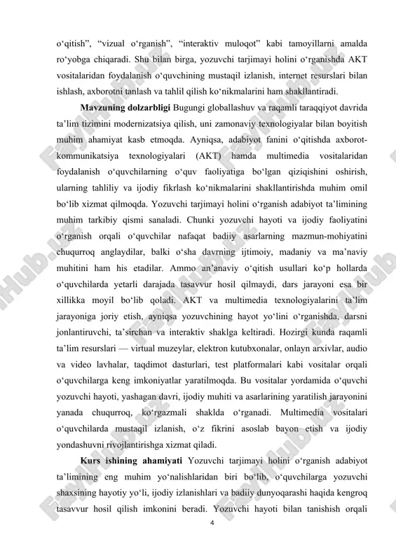 foydalanish yozuvchi tarjimayi holini o‘rganish samaradorligini yanada oshiradi. multimedia vositalari, ya’ni video lavhalar, audio yozuvlar, elektron taqdimotlar, interaktiv testlar, virtual muzeylar va internet manbalari yordamida o‘quvchilarda yozuvchi hayoti va ijodiga nisbatan yanada chuqurroq, vizual va hissiy idrok shakllanadi. masalan, yozuvchining hayoti bilan bog‘liq videoroliklarni tomosha qilish, u haqidagi intervyularni eshitish yoki virtual muzey ekskursiyasida ishtirok etish orqali o‘quvchi o‘zini bevosita adabiy muhit ichida his qiladi. bu esa darsning samaradorligini oshirib, o‘quvchilarda mustaqil o‘rganish va izlanish motivatsiyasini kuchaytiradi. akt vositalaridan foydalanish o‘quvchilarning ijodiy tafakkurini rivojlantirish, mustaqil ishlash ko‘nikmalarini shakllantirish, ma’lumotni tahlil qilish va qayta ishlash malakasini oshirishga yordam beradi. o‘qituvchi esa dars jarayonini zamonaviy pedagogik yondashuv asosida tashkil etib, o‘quvchilarning faolligini oshiradi, ta’lim jarayonini yanada interaktiv va samarali shaklga keltiradi. mavzuninng maqsadi yozuvchi tarjimayi holini o‘rganish jarayonida zamonaviy axborot-kommunikatsiya texnologiyalari va multimedia vositalaridan samarali foydalanish orqali ta’lim jarayonining sifatini oshirish, darslarni interaktiv, ko‘rgazmali va o‘quvchilarga yanada ta’sirchan shaklda tashkil etishdan iboratdir. …