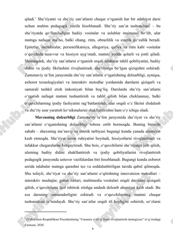 ash va ijodiy fikrlash qobiliyatini rivojlantirish imkoniyatlarini tadqiq etishdan iborat. mavzuning vazifalari – she’riy san’at tushunchasi, turlari va ularning estetik, badiiy rolini o‘rganish – darslarda she’riy san’atlarni o‘rgatishning samarali metod va usullarini aniqlash – talabalar ijodiy faoliyatini rag‘batlantirish orqali she’riy san’atlarni amaliy qo‘llash imkoniyatlarini ishlab chiqish – she’riy san’atlarni boshqa adabiy janrlar va fanlar bilan integratsiya qilish orqali ularni o‘quv jarayonida qo‘llash imkoniyatlarini ko‘rsatish – o‘quvchilarda til boyligini oshirish, fikrni ifodali va obrazli yetkazish, ma’naviy va estetik tarbiyani rivojlantirish mavzuning obyekti: adabiyot darslarida o‘quvchilarda she’riy san’atlarni o‘rganish jarayoni, uning nazariy va amaliy jihatlari. mavzuning predmeti: darslarda she’riy san’atlarni o‘rgatish metodikasi, badiiy vositalar va ularning o‘quvchilarning ijodiy faoliyati, estetik didi va til madaniyatiga ta’siri. ushbu kurs ishining tarkibiy tuzilishi kirish, ikki asosiy bob 4 paragraf, xulosa va foydalanilgan adabiyotlar ro‘yxatidan iborat. i bob she’riy san’at tushunchasi va turlari 1.1 she’riyatning adabiyotdagi o‘rni va ahamiyati she’riyat insoniyat madaniyati va adabiyotining ajralmas qismi …