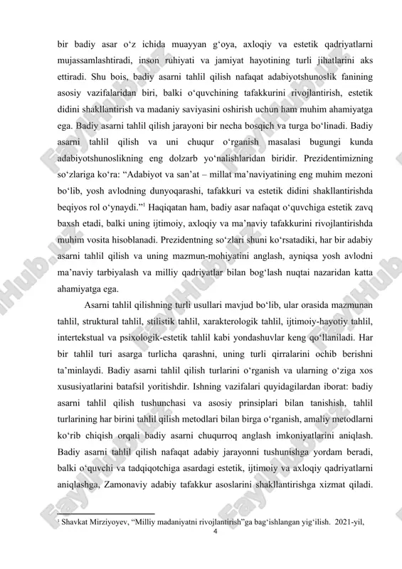 sarni chuqur tushunish va baholash imkoniyatlarini yaratishdir. badiy asarni tahlil qilish jarayoni o‘quvchi va tadqiqotchiga asarning g‘oyaviy, estetik, psixologik va ijtimoiy qirralarini aniqlashga yordam beradi. mavzuning vazifalari – badiy asarni tahlil qilish tushunchasi va asosiy prinsiplari bilan tanishish – asarning mavzusi, g‘oyasi va syujetini chuqur o‘rganish – mazmunan (semantik) tahlilni o‘rganish – strukturaviy tahlilni o‘rganish – stilistik tahlilni o‘rganish – xarakterologik tahlilni o‘rganish mavzuning obyekti: badiy asarlar, ularning mazmuni, syujeti, obrazlari va badiiy ifodasi. mavzuning predmeti: badiy asarni tahlil qilish jarayoni, uning turlari, metodlari va har bir turining o‘ziga xos xususiyatlari. ushbu kurs ishining tarkibiy tuzilishi kirish, ikki asosiy bob 4 paragraf, xulosa va foydalanilgan adabiyotlar ro‘yxatidan iborat. i bob badiy asarni tahlil qilish tushunchasi va asosiy prinsiplari 1.1 badiy asarni tahlil qilishning mohiyati va ahamiyati. badiy asarni tahlil qilish — adabiy asar mazmuni, g‘oyasi, syujeti, obrazlari va uslubiy xususiyatlarini tizimli ravishda o‘rganish jarayonidir. har bir badiy asar o‘z ichida …
