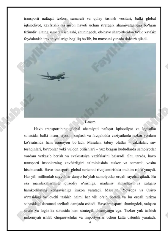 mi har yili o‘sib boradi va bu orqali turizm sohasidagi daromad sezilarli darajada oshadi. havo transporti shuningdek, xalqaro savdo va logistika sohasida ham strategik ahamiyatga ega. tezkor yuk tashish imkoniyati ishlab chiqaruvchilar va importyorlar uchun katta ustunlik yaratadi. global logistika tizimida havo transporti orqali texnologik mahsulotlar, tibbiy vositalar, oziq-ovqat va boshqa tez buziladigan mahsulotlar qisqa vaqt ichida yetkaziladi. masalan, elektronika va yuqori texnologik jihozlar global miqyosda havo orqali yetkazib beriladi, bu esa ishlab chiqarish zanjirining barqaror ishlashini ta’minlaydi. biroq, havo transportining bu imkoniyatlari ob-havo sharoitlariga sezuvchan bo‘lib, ularning xavfsiz ishlashiga bevosita ta’sir qiladi. shamol, tuman, yomg‘ir, qor yoki muzlash sharoitida samolyotlarning uchish va qo‘nish jarayoni murakkablashadi, xavf-xatarlar ortadi. shu sababli, havo transporti tizimida meteorologik monitoring, ilg‘or navigatsiya tizimlari va ekipajning tayyorgarligi dolzarb ahamiyatga ega bo‘ladi. havo transportining global ahamiyati bilan bir qatorda, uning ijtimoiy va ekologik ta’siri ham muhim hisoblanadi. yo‘lovchi tashish va yuk tashish hajmi ortishi bilan havoning ifloslanishi …