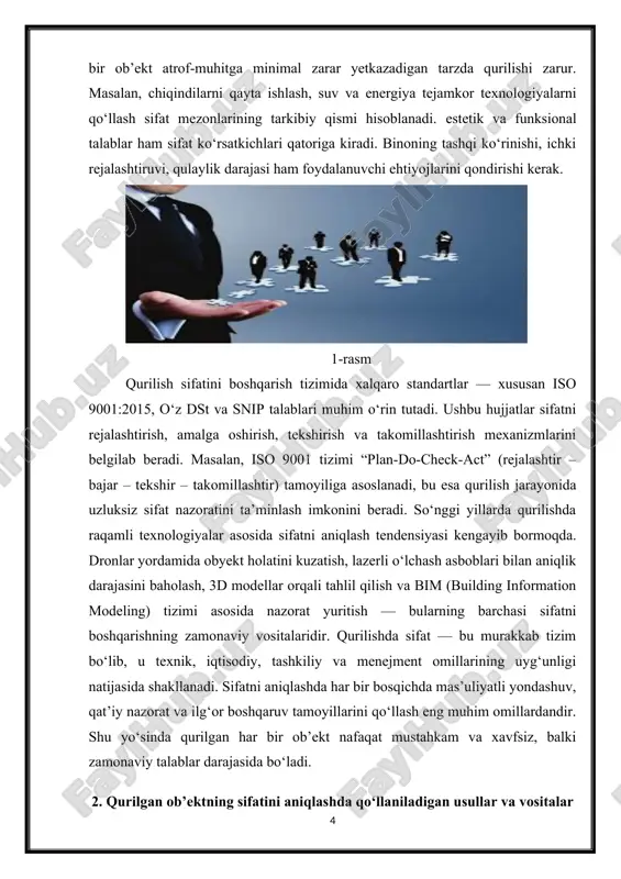 naviy talablar darajasida bo‘ladi. 2. qurilgan ob’ektning sifatini aniqlashda qo‘llaniladigan usullar va vositalar qurilgan ob’ektning sifatini aniqlash jarayoni qurilish menejmenti tizimining eng muhim bosqichlaridan biri hisoblanadi. chunki aynan sifat nazorati orqali ob’ektning loyihaviy, texnik, estetik va ekspluatatsion talablar darajasiga mosligi baholanadi. sifatni aniqlash jarayonida turli usullar, texnik vositalar va zamonaviy texnologiyalar qo‘llaniladi. ushbu usullar qurilish ishlari jarayonida, ya’ni oraliq bosqichlarda ham, yakuniy ob’ektni topshirish oldidan ham amalga oshiriladi. qurilishda sifatni aniqlashning eng qadimiy va oddiy shakli bu vizual (ko‘z bilan) tekshirish usulidir. bu usul yordamida ish yuzasida aniqlanadigan kamchiliklar — yoriqlar, sath notekisliklari, deformatsiyalar, rang farqlari, montajdagi nosozliklar aniqlanadi. vizual tekshiruvlar ko‘pincha boshqa o‘lchov vositalari bilan birgalikda qo‘llanilib, dastlabki baho olish uchun xizmat qiladi. ammo faqat ko‘z bilan tekshirish etarli bo‘lmagani sababli, chuqur tahlil uchun maxsus texnik vositalar ham qo‘llanadi. sifatni aniqlashda keng tarqalgan usullardan biri bu instrumental (asbob-uskunalar yordamida) nazorat hisoblanadi. instrumental nazorat orqali o‘lchov aniqligi, tekislik, vertikallik, gorizontal …