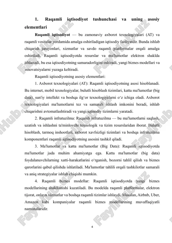 izmatlari iqtisodiyotni yanada raqamlashtiradi. 7. ijtimoiy tarmoqlar va raqamli marketing: ijtimoiy tarmoqlar raqamli iqtisodiyotda biznesning rivojlanishi va marketing strategiyalarini amalga oshirishda katta rol o‘ynaydi. raqamli marketing, seo (qidiruv tizimlarini optimallashtirish), kontent marketingi kabi metodlar orqali kompaniyalar o‘z mahsulotlarini global bozorlarda targ‘ib qilishadi. 8. inson resurslari va raqamli ta'lim: raqamli iqtisodiyotda malakali kadrlar va raqamli ta'limning o‘rni juda katta. ta'lim tizimlari va kasb-hunar o‘qitish raqamli texnologiyalar yordamida yangilanadi, yangi ko‘nikmalarni o‘rgatish va bilimlarni tezda yangilash imkoniyati yaratiladi. raqamli iqtisodiyotning asosiy elementlari bir-biri bilan chambarchas bog‘langan bo‘lib, ular iqtisodiy jarayonlarning samaradorligini oshiradi, yangi biznes imkoniyatlari yaratadi va innovatsiyalarni joriy etishda muhim ahamiyat kasb etadi. raqamli iqtisodiyotning afzalliklari albatta, axborot-kommunikatsiya texnologiyalarining rivojlanishi, zamonaviy texnologiyalarning hayotimizga tadbiq etilishi har bir inson hayotida ko'plab ijobiy imkoniyatlar berishi mumkin. raqamli texnologiyalar rivojlanishi ortidan inson, unga kerakli xizmatdan tezroq foydalanishi, internet orqali o'ziga kerakli mahsulotlarni arzon sotib olish bilan ko'plab pul mablag'larini tejashi mumkin. masalan biron bir …