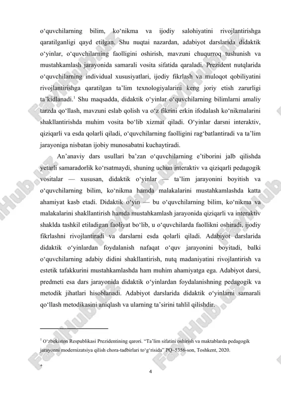 hdan iborat. tadqiqot orqali o‘quvchilarning bilim, ko‘nikma va malakalarini mustahkamlash, ijodiy fikrlash qobiliyatini rivojlantirish, darslarni interaktiv va qiziqarli qilish hamda adabiy did va nutq madaniyatini oshirish imkoniyatlari o‘rganiladi. ish o‘qituvchilarga dars jarayonida didaktik oʻyinlardan samarali foydalanish bo‘yicha metodik tavsiyalar ishlab chiqishga yordam beradi va pedagogik jarayonni zamonaviy talablarga moslashtirishga xizmat qiladi. mavzuning vazifasi · didaktik oʻyin tushunchasini, uning xususiyatlari va pedagogik ahamiyatini o‘rganishcha · adabiyot darslarida didaktik oʻyinlarni tanlash va tashkil etish metodikasini aniqlashcha · amaliy tajribalar va sinov darslari natijalarini tahlil qilishcha · dars jarayonida o‘quvchilar faoliyatini rag‘batlantirish va baholash usullarini ishlab chiqishchadir mavzuning obyekti adabiyot darsi bo‘lib, u o‘quv jarayonida o‘quvchilarning bilim, ko‘nikma va malakalarini shakllantirishga qaratilgan. mavzuning redmeti dars jarayonida didaktik oʻyinlardan foydalanishning pedagogik va metodik jihatlarini o‘rganishdan iborat. ushbu kurs ishining tarkibiy tuzilishi kirish, ikki asosiy bob 4 paragraf, xulosa va foydalanilgan adabiyotlar ro‘yxatidan iborat. i. didaktik oʻyin tushunchasi va pedagogik ahamiyati 1.1 didaktik oʻyinning ta’riflari …