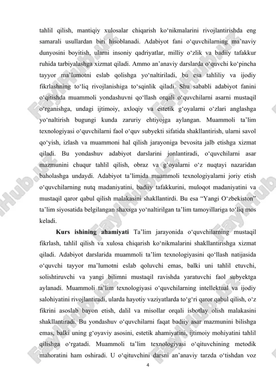 im texnologiyasini qo‘llashning nazariy va amaliy jihatlarini o‘rganish, uning o‘quvchilarning bilim olish jarayoniga, mustaqil fikrlashiga va ijodiy salohiyatining rivojlanishiga ta’sirini tahlil qilishdan iborat. mavzuning vazifalar · muammoli ta’lim texnologiyasining nazariy asoslarini va didaktik mohiyatini ilmiy jihatdan yoritish; · adabiyot ta’limida muammoli yondashuvning ahamiyati hamda o‘quv jarayoniga ta’sirini aniqlash; · adabiyot darslarida muammoli vaziyatlar yaratishning samarali metodlarini ishlab chiqish va tavsiflash; · o‘quvchilarda mustaqil fikrlash, ijodiy izlanish va badiiy tahlil ko‘nikmalarini shakllantirishga xizmat qiluvchi mashg‘ulotlar tizimini yaratish; · muammoli ta’lim texnologiyasi asosida namunaviy adabiyot darsini ishlab chiqish va uni amaliyotda sinovdan o‘tkazish; · tajriba-sinov natijalarini tahlil qilib, adabiyot fanini o‘qitish jarayonini takomillashtirish bo‘yicha ilmiy-amaliy tavsiyalar ishlab chiqish. mavzuning obyekti umumta’lim maktablarida adabiyot fanini o‘qitish jarayoni, xususan, dars mashg‘ulotlarini samarali tashkil etishning zamonaviy pedagogik texnologiyalari hisoblanadi. mavzuning predmeti adabiyot darslarida muammoli ta’lim texnologiyasidan foydalanishning mazmuni, shakl va usullari, o‘quvchilarni mustaqil fikrlash, tahliliy yondashuv va ijodiy izlanishga yo‘naltiruvchi metodik yondashuvlar tizimidan iborat. ushbu …
