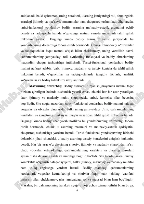 chuqur tushunishni o‘rganadilar. bu esa adabiy bilimlarni kengaytirish va tafakkur darajasini oshirishga xizmat qiladi. tarixi-funksional yondashuv ilmiy tadqiqotlarda ham muhim ahamiyat kasb etadi. tadqiqotchilar asarni tarixiy kontekstda va funksional jihatlarini hisobga olgan holda o‘rganish orqali yangi ilmiy xulosalar, innovatsion yondashuvlar va metodik tavsiyalar ishlab chiqish imkoniyatiga ega bo‘ladilar. shu tarzda bu yondashuv nafaqat nazariy jihatdan, balki amaliy jihatdan ham badiiy asarni o‘rganishning samarali vositasi hisoblanadi. mavzuning maqsadi badiiy asarni tarixi-funksional yondashuv asosida o‘rganish metodlarini aniqlash va ularning nazariy hamda amaliy ahamiyatini ochib berishdan iborat. badiiy asarlar nafaqat adabiy, balki ijtimoiy, ma’naviy va madaniy jarayonlar bilan bog‘liq bo‘lgani uchun ularni chuqur va to‘liq tushunish zamonaviy adabiyotshunoslikda muhim vazifa hisoblanadi. tadqiqot orqali o‘quvchilar va tadqiqotchilar badiiy matnni o‘qish bilan cheklanmay, uning yaratilgan davri, qahramonlarning jamiyatdagi roli, syujetning funksiyasi va asardagi ijtimoiy-madaniy elementlarni aniqlashni o‘rganadilar. mavzuning vazifalari · tadqiqotning birinchi vazifasi tarixi-funksional yondashuvning nazariy asoslarini tahlil qilish va uning adabiyotshunoslikdagi o‘rni hamda ahamiyatini …