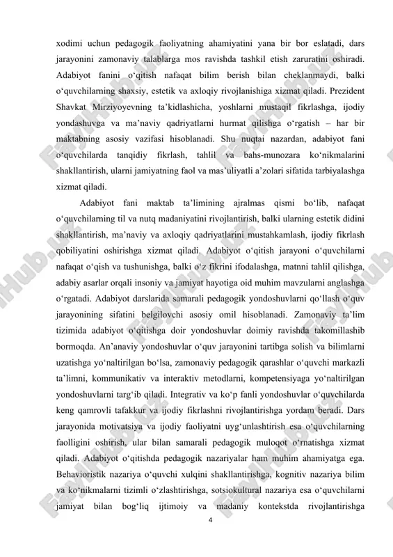. shu bilan birga, tadqiqot ilmiy nuqtai nazardan adabiyot o‘qitish nazariyasi va metodikasini chuqur o‘rganishga, pedagogik yondoshuvlar samaradorligini baholashga xizmat qiladi, bu esa darslarni rejalashtirish va metodik qarorlar qabul qilishda ilmiy asos bo‘lib xizmat qiladi. tadqiqotning amaliy ahamiyati shundaki, u o‘qituvchilarga dars jarayonida interaktiv va o‘quvchi markazli metodlarni qo‘llash, o‘quvchilarning faolligi va motivatsiyasini oshirish, shuningdek, milliy va jahon adabiyoti asosida darslarni boyitish imkonini beradi. shu tariqa, tadqiqot nafaqat ilmiy, balki amaliy jihatdan ham dolzarb bo‘lib, adabiyot fani orqali yoshlarni ma’naviy, estetik va intellektual jihatdan rivojlantirishga xizmat qiladi va zamonaviy ta’lim jarayonini takomillashtirishga hissa qo‘shadi. mavzuning maqsadi adabiyot o‘qitishga doir yondoshuvlar va nazariy qarashlarni tizimli ravishda o‘rganish, ularning dars jarayonida samarali qo‘llanilish mexanizmlarini aniqlash va darslarni yanada interaktiv, o‘quvchi markazli hamda samarali tashkil etishdan iborat. tadqiqot o‘quvchilarning ma’naviy, estetik va intellektual rivojlanishiga hissa qo‘shadigan metodik yondoshuvlarni aniqlashga, an’anaviy va zamonaviy pedagogik qarashlarning ta’lim jarayonidagi samaradorligini tahlil qilishga, shuningdek, adabiyot darslarida o‘quvchilarning …