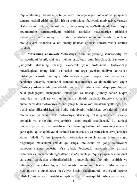 , muammolarni samarali hal qilishi, ijodiy va kasbiy salohiyatini namoyon etishi uning faoliyatga bo‘lgan motivatsiyasiga bevosita bog‘liqdir. motivatsiyani tushunish va uni boshqarish nafaqat shaxsiy rivojlanish, balki ijtimoiy va professional muhitning samaradorligini oshirishda muhim ahamiyat kasb etadi. ta’lim sohasida motivatsiya o‘quvchilarning bilim olishga bo‘lgan qiziqishi va faolligini oshirishda asosiy omil hisoblanadi. motivatsiyaga ega o‘quvchi o‘z bilimini mustahkamlashga, yangi ko‘nikmalarni egallashga va mustaqil fikrlashga intiladi. intrinsik motivatsiya esa o‘quvchilarda ichki qiziqish va shaxsiy qoniqish hissini uyg‘otadi, bu esa ta’lim jarayonini samarali va barqaror qiladi. shu bilan birga, pedagogik faoliyatda motivatsiyani to‘g‘ri tashkil etish o‘qituvchiga o‘quvchilarning individual ehtiyojlarini inobatga olib, dars jarayonini optimallashtirish va o‘quvchilarni faol ishtirokga jalb qilish imkonini beradi. ish va professional faoliyatda motivatsiya xodimlarning samaradorligini oshirish, jamoaviy ish sifatini yaxshilash va tashkilot maqsadlariga tezroq erishishni ta’minlashda muhim rol o‘ynaydi. ekstrinsik motivatsiya orqali mukofotlar, ijtimoiy maqom va rag‘batlantirish tizimi xodimlarning mehnat intilishlarini rag‘batlantiradi, ularning mas’uliyat hissini kuchaytiradi va ish sifati barqaror …