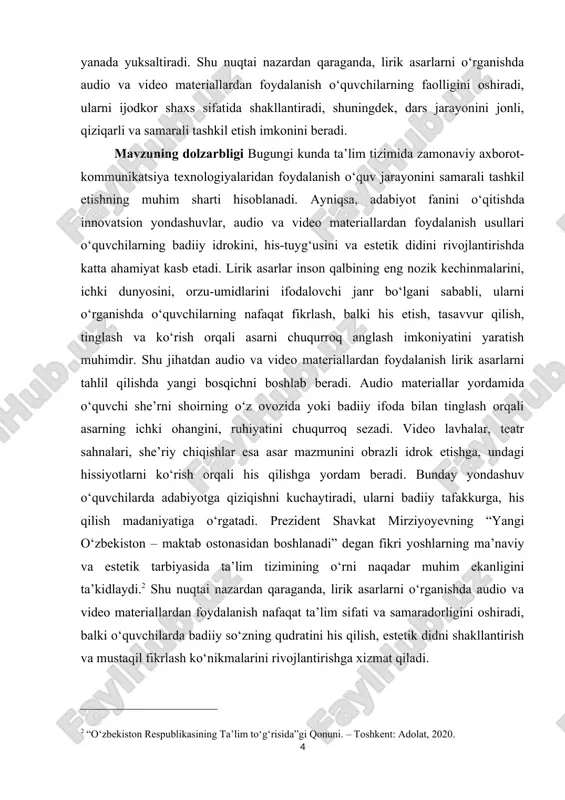 yo‘nalishini tashkil etadi. mavzuning vazifalari · lirik asarlarning badiiy va estetik mohiyatini nazariy jihatdan tahlil qilish; · adabiyot fanida lirik asarlarni o‘rganishning an’anaviy va zamonaviy metodlarini o‘rganish; · audio va video materiallardan foydalanishning pedagogik va psixologik asoslarini aniqlash; · lirik asarlarni o‘qitishda audio yozuvlar, videolavhalar va sahna ko‘rinishlarining ta’sirchanligini baholash; · audiovizual vositalar orqali o‘quvchilarda badiiy tafakkur va estetik didni shakllantirish yo‘llarini aniqlash; · lirik asarlar asosida audio va video materiallardan foydalanishga oid namunaviy dars ishlanmasi ishlab chiqish; · o‘quv jarayonida multimedia texnologiyalarining afzalliklarini tahlil qilib, ularni ta’lim amaliyotiga joriy etish bo‘yicha tavsiyalar ishlab chiqish. mavzuning obyekti umumta’lim maktablari va oliy ta’lim muassasalarida adabiyot fanini o‘qitish jarayoni, xususan, lirik asarlarni o‘rganish metodikasi hisoblanadi. ushbu jarayon doirasida zamonaviy ta’lim texnologiyalaridan, audio va video materiallardan foydalanishning samaradorligi hamda ularning o‘quvchilarga ta’sir darajasi o‘rganiladi. mavzuning predmeti lirik asarlarni o‘rganishda audio va video materiallardan foydalanishning metodik, didaktik va amaliy asoslari, ularning ta’limiy, tarbiyaviy hamda …