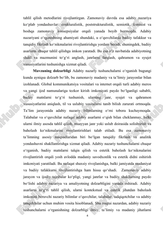 heklanmasdan, uni ilmiy asosda tahlil qilish, muayyan kontekst va janrga qarab baholash, adabiy uslub va til vositalarini tanib bilish ko‘nikmalarini beradi. bu esa nafaqat adabiy bilimlarni chuqurlashtiradi, balki tanqidiy fikrlash va analitik yondashuvni shakllantirishga xizmat qiladi. adabiy nazariya madaniy rivojlanish va shaxsiy tarbiya jihatidan ham ahamiyatga ega. badiiy asarlar orqali inson tafakkuri va his-tuyg‘ulari boyitiladi, estetik qadriyatlar singdiriladi, jamiyatda madaniy meros va ijodiy an’analar hurmat qilinadi. zamonaviy adabiyotning turli yo‘nalishlari va yangi ijodiy shakllarining paydo bo‘lishi ham adabiy nazariyani o‘rganishni dolzarb qiladi, chunki u badiiy jarayonni chuqur anglash va yangi ijodiy tendensiyalarni to‘g‘ri baholashga imkon yaratadi. adabiy nazariy tushunchalarni o‘rganishning ahamiyati ilmiy va ta’limiy sohalardan tortib, madaniy va estetik rivojlanishga qadar keng ko‘lamli bo‘lib, har bir o‘quvchi va tadqiqotchining badiiy tafakkurini rivojlantirishda muhim vosita hisoblanadi. mavzuning maqsadi adabiy nazariy tushunchalarni o‘rganishning maqsadi badiiy matnlarni chuqur tushunish, ularning janr, syujet va qahramon xususiyatlarini aniqlash, shuningdek, til va uslubiy vositalarni to‘g‘ri talqin …
