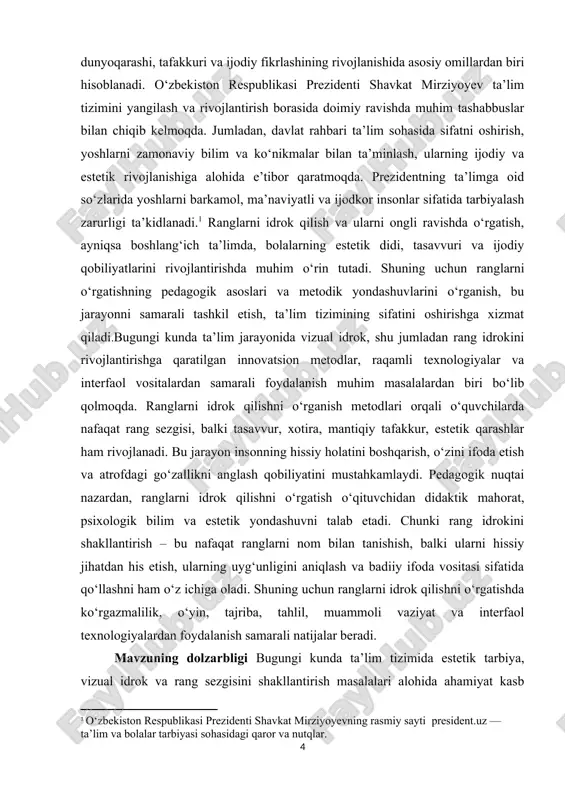ilishni o‘rgatish bo‘yicha taklif etilgan metodlar o‘qituvchilarga rang sezgisi, estetik idrok va badiiy didni rivojlantirishda katta yordam beradi. shu bilan birga, o‘quvchilarda ranglar orqali fikrni ifoda etish, estetik baho bera olish, rang uyg‘unligini sezish va ijodiy tafakkurni rivojlantirishga zamin yaratadi. tasviriy san’at, pedagogika, psixologiya, dizayn, maktabgacha va boshlang‘ich ta’lim tizimlarida o‘quv jarayonini boyitish uchun amaliy qo‘llanma sifatida foydalanilishi mumkin. shu jihatdan mazkur ish o‘quvchilarning estetik tarbiyasini chuqurlashtirish, ularning badiiy idrokini kengaytirish va rang bilan ishlash ko‘nikmalarini shakllantirishga xizmat qiladi. ishda taklif etilgan yondashuvlar ta’lim jarayoniga zamonaviy axborot-kommunikatsiya texnologiyalarini integratsiya qilish, interfaol o‘yin metodlari, multimedia vositalari, vizual taqdimotlar va raqamli ilovalarni qo‘llash orqali o‘qitish samaradorligini oshirishga imkon beradi. shu tarzda, tadqiqotning ilmiy va amaliy jihatlari o‘quv jarayonini yangicha yondashuvlar asosida tashkil etish, o‘quvchilarda mustaqil va ijodiy fikrlashni shakllantirishga xizmat qiladi. kurs ishining maqsadi ranglarni idrok qilish jarayonining nazariy, psixologik va pedagogik asoslarini o‘rganish, ta’lim jarayonida rangni to‘g‘ri idrok qilishni shakllantirishning eng …