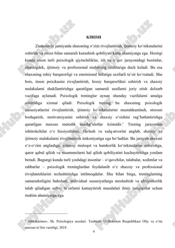 osida amaliy tavsiyalar ishlab chiqish ko‘zda tutilgan. treninglarning individual xususiyatlarga moslashuvchanligini aniqlash, ularning ijtimoiy va emotsional ko‘nikmalarni rivojlantirishdagi rolini tahlil qilish va shaxsning umumiy psixologik rivojlanishiga qo‘shadigan hissasini ko‘rsatishdan iborat. bu esa psixologik treninglarni nafaqat nazariy, balki amaliy jihatdan samarali qo‘llash imkoniyatini beradi. kurs ishining vazifalari -psixologik trening tushunchasi, mohiyati va turlarini o‘rganish -treninglarning shaxs psixikasiga, motivatsiyasiga va ijtimoiy ko‘nikmalariga ta’sir mexanizmlarini aniqlash -turli yosh va kasbdagi shaxslar uchun treninglarning samaradorligini o‘rganish -amaliy tadqiqot orqali treningning shaxs rivojiga ijobiy ta’sirini tahlil qilish -treninglarni samarali tashkil etish va individual xususiyatlarga moslashtirish bo‘yicha tavsiyalar ishlab chiqish mavzuning obyekti: psixologik trening jarayoni va uning shaxsga ta’siri. kurs ishining predmeti: treninglarning shaxsning psixologik holati, ijtimoiy ko‘nikmalari, motivatsiyasi va hissiy barqarorligiga ta’siri. ushbu kurs ishining tarkibiy tuzilishi kirish ikki asosiy bob 6 paragraf xulosa va foydalanilgan adabiyotlardan iborat i bob psixologik trening tushunchasi va uning shaxs rivojiga ta’siri 1.1 psixologik treningning mohiyati va asosiy tushunchalari …