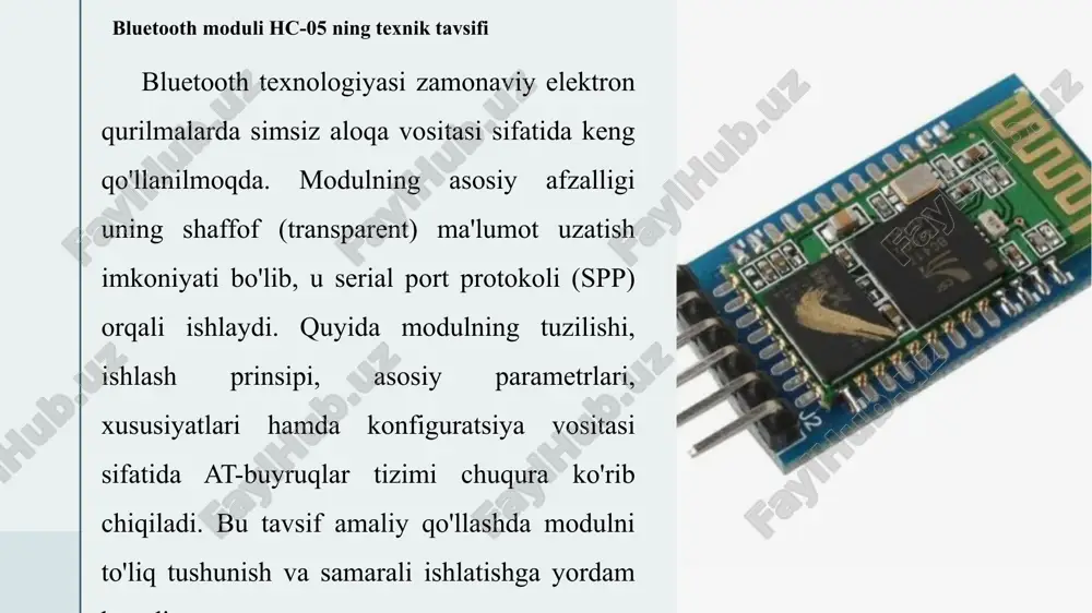 o yoki shunga o’xshash modeldan foydalaniladi 12 13 android ilova orqali qurilmani boshqarish usullari android ilovasi orqali boshqaruv tizimning foydalanuvchi tomoni bo’lib, u serial ma’lumot uzatish protokoli (spp – serial port profile) asosida ishlaydi. bu usul arduino’ga oddiy matnli buyruqlarni (masalan, ‘1’ yoki ‘0’) yuborish imkonini beradi, bu esa murakkab kodlashni talab qilmaydi. ilovani yaratishda mit app inventor yoki android studio kabi vositalardan foydalaniladi. mit app inventor – bu blokli dasturlash platformasi bo’lib, u bluetoothclient komponenti orqali hc-05 bilan bog’lanishni ta’minlaydi: ilova ishga tushganda qurilmalarni skan qiladi, juftlashtirish (pairing) jarayonini amalga oshiradi va tugmalar orqali signallarni yuboradi 14 15 yoritgich yoki motorni mobil telefon orqali boshqarish motorning tezligini o’zgartirish 16 bluetooth asosidagi boshqaruv tizimining afzalliklari va kamchiliklari bluetooth texnologiyasi asosidagi boshqaruv tizimlari zamonaviy texnika va avtomatlashtirish sohasida muhim o’rin egallab, simli tizimlarning an’anaviy cheklovlarini bartaraf etishga xizmat qilmoqda. ushbu tizimlar qurilmalarni simlarsiz bog’lash orqali masofaviy boshqaruv, monitoring va integratsiyani ta’minlaydi, …