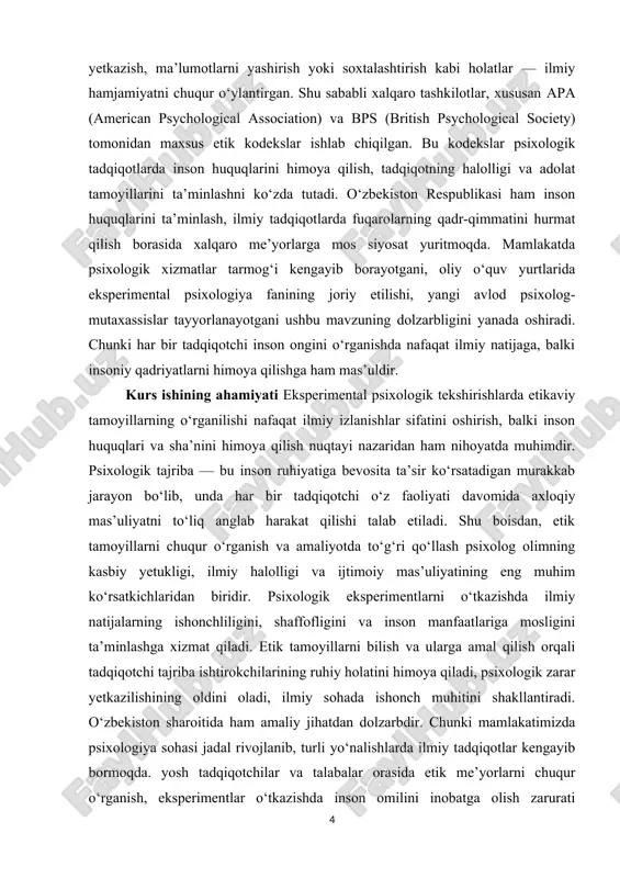 ka fanlari kesishgan nuqtada o‘rganilib kelinmoqda. xx asrning o‘rtalaridan boshlab psixologik eksperimentlar doirasida yuzaga kelgan bir qator etik mojarolar (masalan, s. milgramning bo‘ysunuv tajribalari, f. zimbardoning “stenford qamoq” eksperimenti) ilmiy jamoatchilikni etik me’yorlar masalasini chuqurroq o‘rganishga undadi. shu davrdan boshlab inson ishtirokidagi tadqiqotlarda axloqiy tamoyillarga qat’iy rioya etish zarurligi haqida xalqaro darajada qator hujjatlar va kodekslar qabul qilindi. xususan, amerika psixologlar assotsiatsiyasi (apa) tomonidan 1953-yildan boshlab ishlab chiqilgan “etik kodeks” bir necha bor takomillashtirilib, bugungi kunda psixologik tadqiqotlarda etik tamoyillarni tartibga soluvchi eng muhim xalqaro me’yor sifatida e’tirof etilmoqda. britaniya psixologlar jamiyati (bps), yevropa psixologlar federatsiyasi (efpa) hamda unesco tomonidan ishlab chiqilgan axloqiy me’yorlar ham bu sohada muhim manba hisoblanadi. eksperimental psixologik etikani o‘rganishda mashhur olimlar — b. skinner, j. piaget, k. levin, r. sternberg, a. bandura, a. ellis, k. rodjers, e. fromm singari mutafakkirlarning ilmiy qarashlari alohida o‘rin tutadi. ularning asarlarida inson ruhiy holatini o‘rganishda mas’uliyat, inson qadr-qimmatini hurmat …
