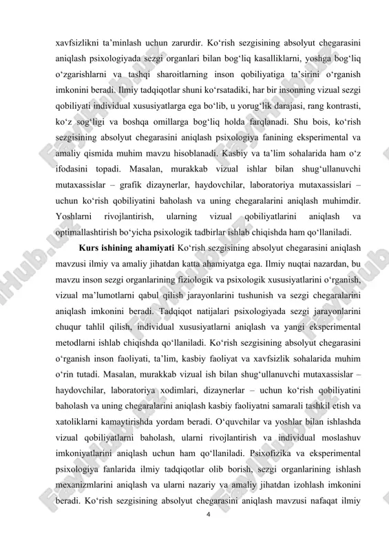 aviy tadqiqotlar mavjud. masalan, g. fechner va e. weberning psixofizik ishlari sezgi chegaralari tushunchasini ishlab chiqishda asosiy ilmiy manba hisoblanadi. ularning tajribalari inson sezgi qobiliyatini o‘lchash va minimal stimulyatsiyani aniqlashga qaratilgan bo‘lib, ko‘rish sezgisining absolyut chegarasini belgilashda ilgari surilgan nazariy va metodik yondashuvlarning asosini tashkil qiladi. zamonaviy psixologiya va nevrologiya tadqiqotlari ko‘rish sezgisining fiziologik mexanizmlarini aniqlash, retseptorlar va optik nervning rolini o‘rganish hamda individual farqlarning vizual qobiliyatga ta’sirini baholashga qaratilgan. so‘nggi yillarda o‘tkazilgan eksperimentlar yorug‘lik intensivligi, ranglar, kontrast va yosh omillarining ko‘rish sezgisining absolyut chegarasiga ta’sirini aniqlashga yordam berdi. kurs ishining maqsadi inson ko‘rish sezgisining absolyut chegarasini aniqlash va olingan natijalarni psixologik nuqtai nazardan tahlil qilishdan iborat. tadqiqot orqali ko‘rish sezgisining minimal stimulyatsiyani sezish qobiliyati o‘rganiladi, uning individual xususiyatlari va tashqi omillarga bog‘liqligi aniqlanadi. shu bilan birga, tadqiqot natijalari sezgi organlarining ishlash mexanizmlarini tushunishga, eksperimental metodlarni qo‘llash orqali ilmiy asoslarni yaratishga va amaliyotda insonning vizual qobiliyatini baholashga yordam beradi. mavzuning …