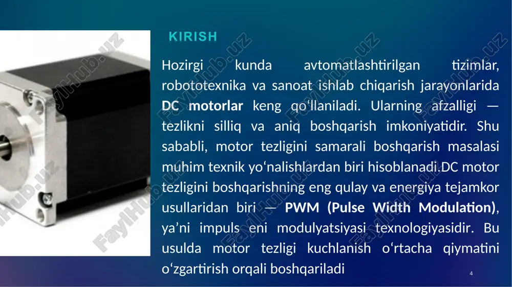 ijalarni tahlil qilish va afzalliklari tajriba natijalarini tahlil qilishda birinchi navbatda pwmning samaradorligini baholaymiz. masalan, 0% ish tsikli da motor to'xtaydi (rpm=0), 100% da nominal tezlikka erishadi (masalan, 300 rpm), o'rtadagi qiymatlar chiziqli bog'liq emas, chunki motorning mexanik inertsiyasi va yuklanishi ta'sir qiladi. grafikda ko'rinib turadiki, past ish tsikllarda (20-40%) tezlik o'sishi sekinroq, bu induktiv xususiyat tufayli – motor oqimi impulslar orasida saqlanib qoladi. yuqori chastotalarda (20 khz) samaradorlik 95% ga yetadi, chunki switching yo'qotishlari kamayadi, lekin past chastotalarda (500 hz) – 80% gacha tushadi, bu issiqlik chiqishini oshiradi 17 17 nabor slaydov dlya prezentatsii 18 xulosa dc motor tezligini boshqarishda pwm texnologiyasi eng samarali va qulay usullardan biridir. impuls eni modulyatsiyasi yordamida motor tezligini aniq, silliq va energiya tejamkor tarzda nazorat qilish mumkin.pwm signali o‘rtacha kuchlanishni o‘zgartirish orqali motor aylanish tezligini belgilaydi, bu esa mexanik yo‘qotishlarni kamaytiradi va tizimning samaradorligini oshiradi.pwm asosida tezlikni boshqarish arduino, raspberry pi kabi mikrokontrollerlar …