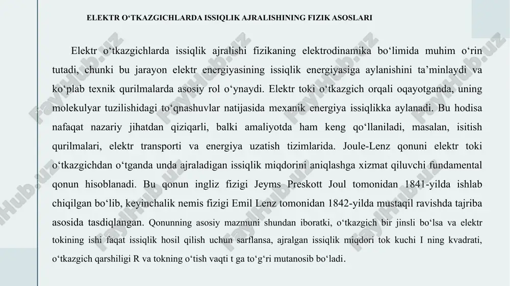 tsiya esa issiqlikning qurilma komponentlariga ta’sirini minimallashtiradi. elektr transformatorlarida sovitishning tabiiy usuli havo yoki moy orqali amalga oshiriladi: havo sovitishda issiqlik konveksiya va radiatsiya yo’li bilan chiqariladi, moy sovitishda esa suyuqlik sirkulyatsiyasi yordamida issiqlik taqsimlanadi. majburiy sovitishda ventilyatorlar yoki nasoslar qo’llaniladi, bu esa transformatorning quvvatini 50% ga oshirish imkonini beradi.izolyatsiya tizimlarining asosiy vazifasi elektr maydonining ta’sirini cheklash bilan birga, issiqlikka chidamliligini ta’minlashdir qizib ketishdan himoya qilishning konstruktiv yechimlari qizib ketishdan himoya qilish elektr qurilmalarning konstruktiv dizaynida asosiy o’rin tutadi, chunki bu usullar issiqlik ta’sirini fizikaviy jihatdan cheklaydi. konstruktiv yechimlar orasida saqlagichlar, rele himoyalar va maxsus korpuslar ajralib turadi. saqlagichlar ortiqcha tokni sezib, sxemani uzish orqali qizib ketishni oldini oladi: ularning ishlash printsipi erish nuqtasi (masalan, qalay simlar uchun 200°c) ga asoslangan bo’lib, tok 1,5-2 baravar oshganda faollashadi. bu qurilmalar transformator va motorlarda keng qo’llaniladi, chunki ular issiqlikning zanjir reaksiyasini to’xtatadi.rele himoyalar esa murakkab tizimlar uchun mo’ljallangan: termal relelar haroratni sezib, …