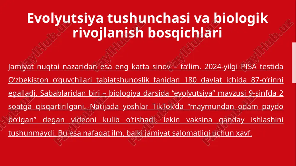 slotalarni yasadi, lekin o‘z-o‘zidan tirik hujayra hosil qilmadi. ikkinchidan, kambriy portlashi 540 million yil oldin 20-30 turdagi hayvon tanasi birdaniga paydo bo‘lgan uchinchidan, dnkning o‘zi qanday paydo bo‘ldi? kod, kodni o‘qiydigan ferment va kodni ko‘chiradigan mexanizm bir vaqtda kerak to‘rtinchidan, o‘tish shakllari kam. 150 yil qazishgan bo‘lsa ham, baliqdan amfibiyaga yoki sudraluvchidan qushga o‘tadigan yarim-yarim shakllar deyarli yo‘q. beshinchidan, mutasiyalar odatda zarar keltiradi 100 ta mutasiyadan 99 tasi kasallik yoki o‘lim. yangi organ hosil qiladigan foydali mutasiya hech qachon kuzatilmagan xulosa 16 evolyutsiya nazariyasi ilmiy jihatdan eng mustahkam fakt hisoblanadi. u hayotning millionlab yillik o‘zgarishini dnk, qoldiqlar va laboratoriya tajribalari bilan isbotlaydi. jamiyatdagi asosiy muammo ilmni dindan ajratib, ularni dushman qilib ko‘rsatishdir. odamlar “maymundan kelganmiz” deb o‘ylaydi, aslida esa umumiy ajdodimiz bor, xolos. darsliklarda gripp virusi yoki it zotlari kabi oddiy misollar yo‘q, shuning uchun tushunmovchilik ko‘p. o‘zbekistonda 52% odam evolyutsiyani “qisman” qabul qiladi, chunki maktabda “xudo yaratdi” deb yozib, …